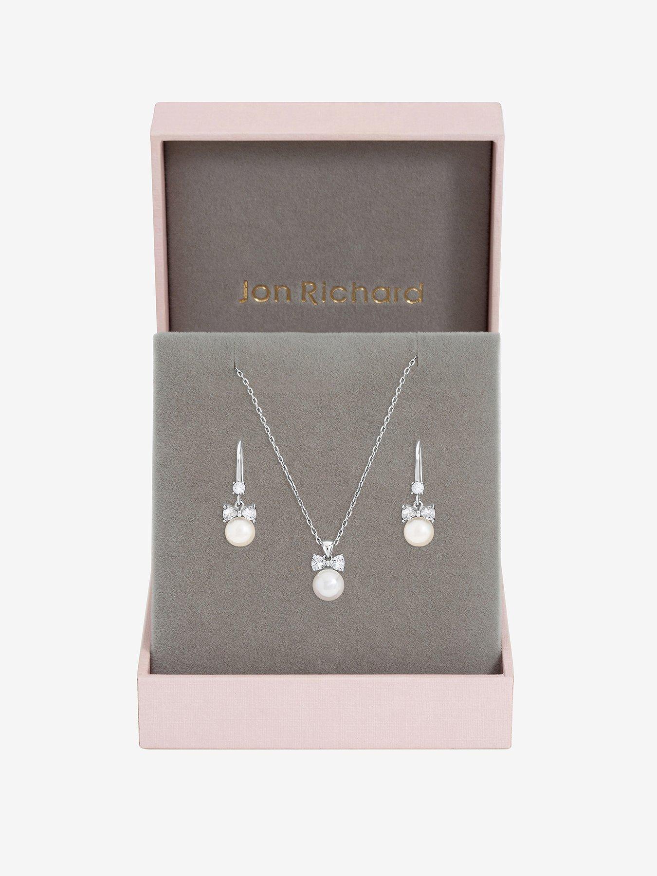 Jon Richard Rhodium Plated Crystal Bow and Pearl Drop Set - Gift Box