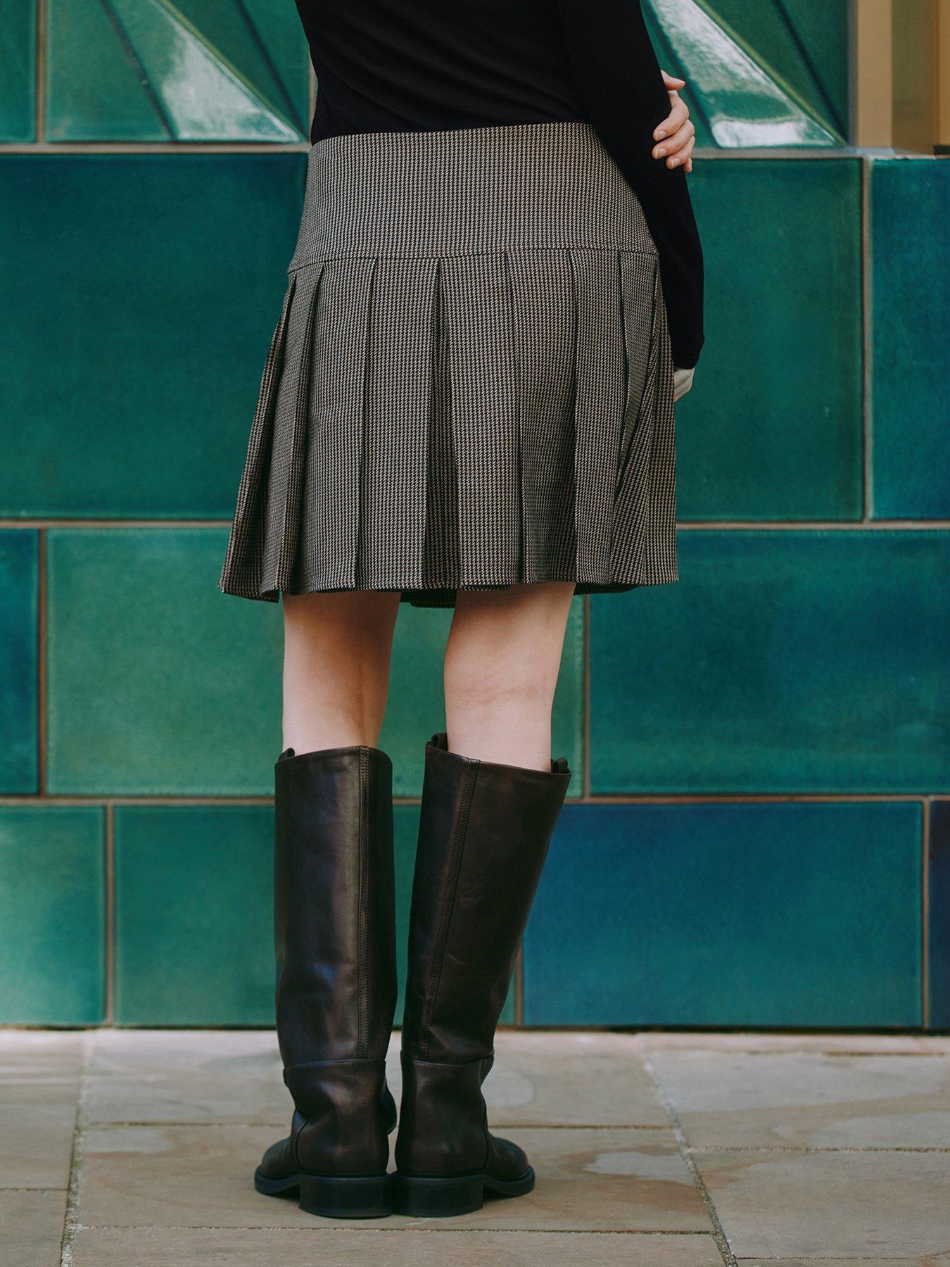 albaray-houndstooth-short-pleated-skirt-brownstillFront