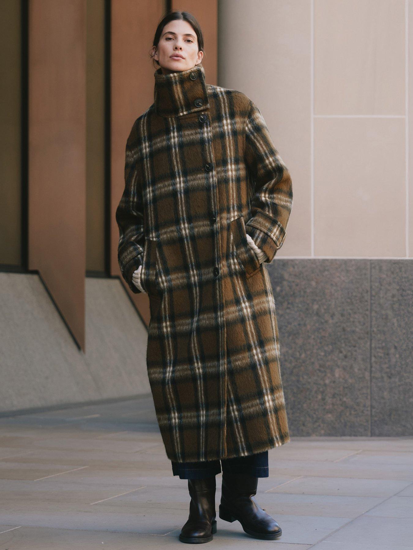 Image 1 of 4 of Albaray Check Funnel Neck Coat - Brown