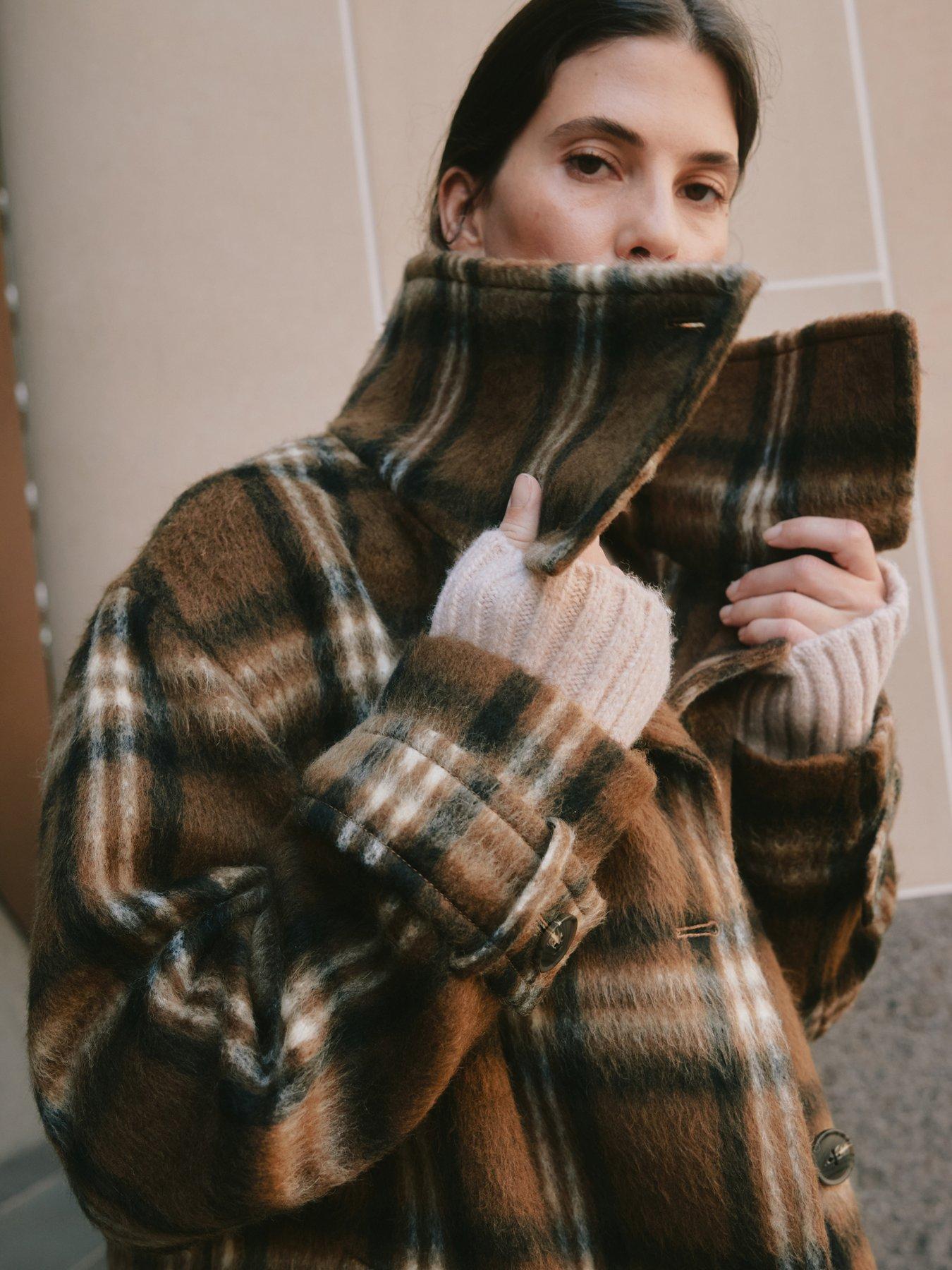 Image 3 of 4 of Albaray Check Funnel Neck Coat - Brown