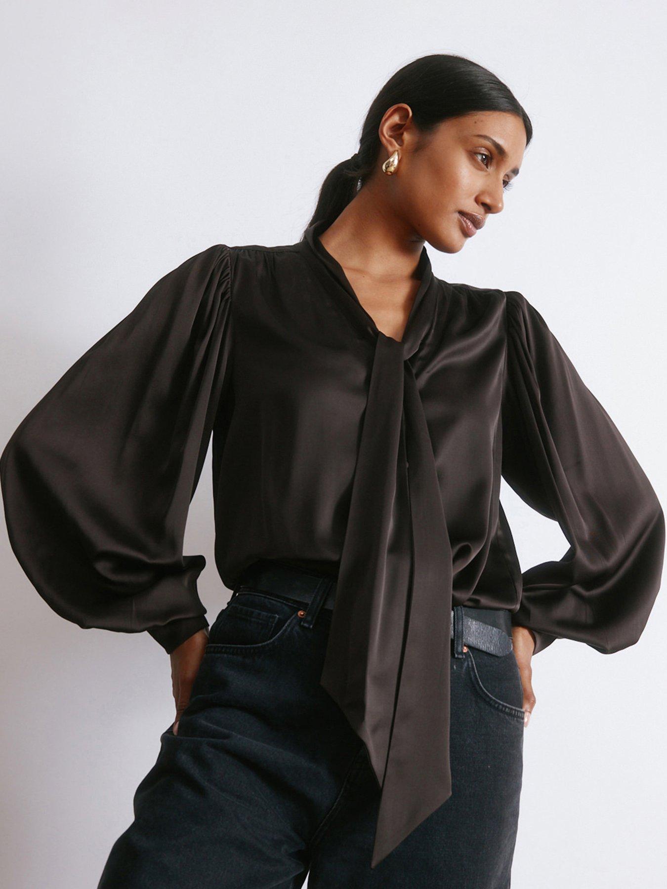 Albaray Satin Tie Neck Blouse - Brown