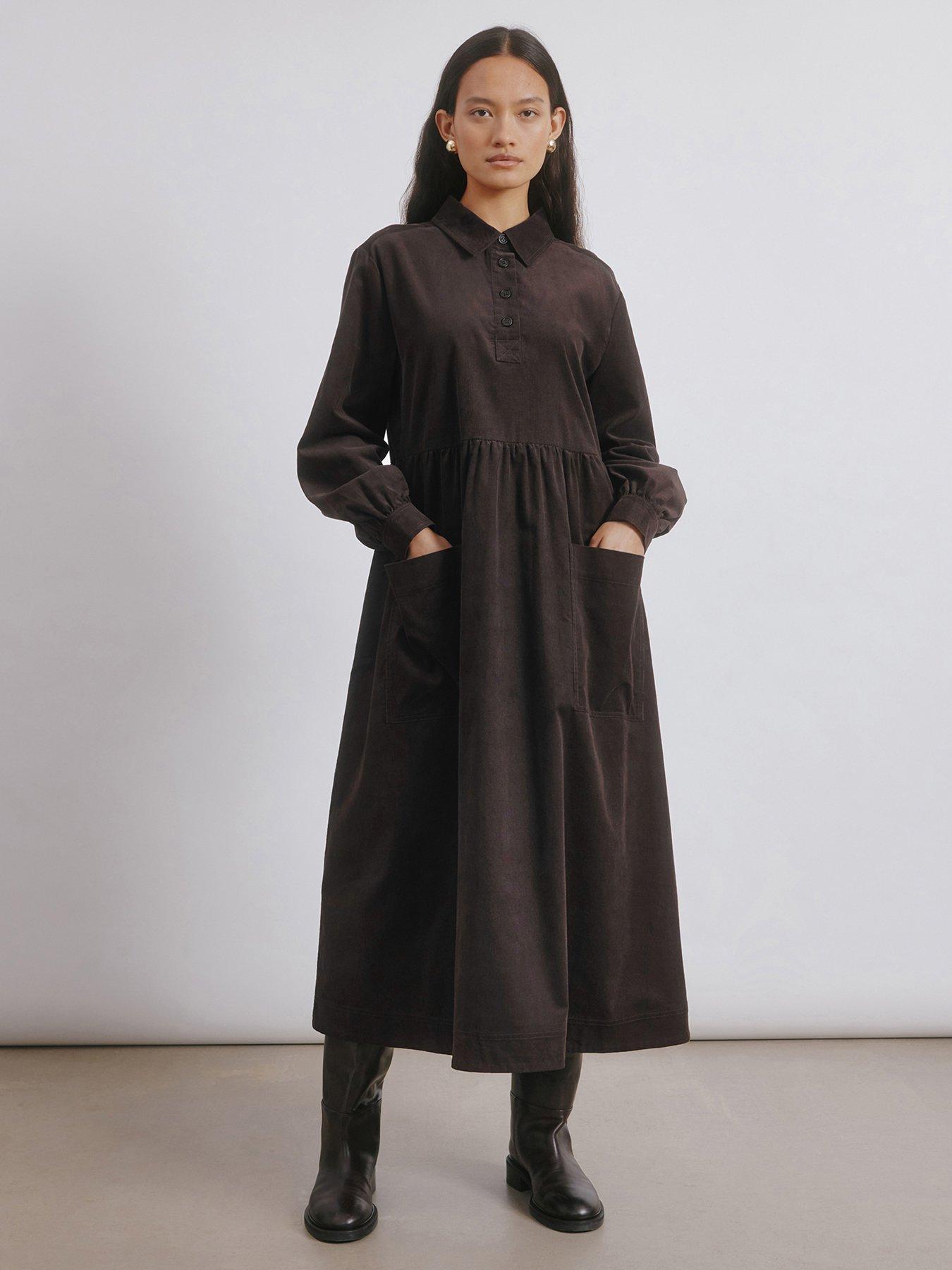 albaray-cord-placket-midi-dress-brownfront