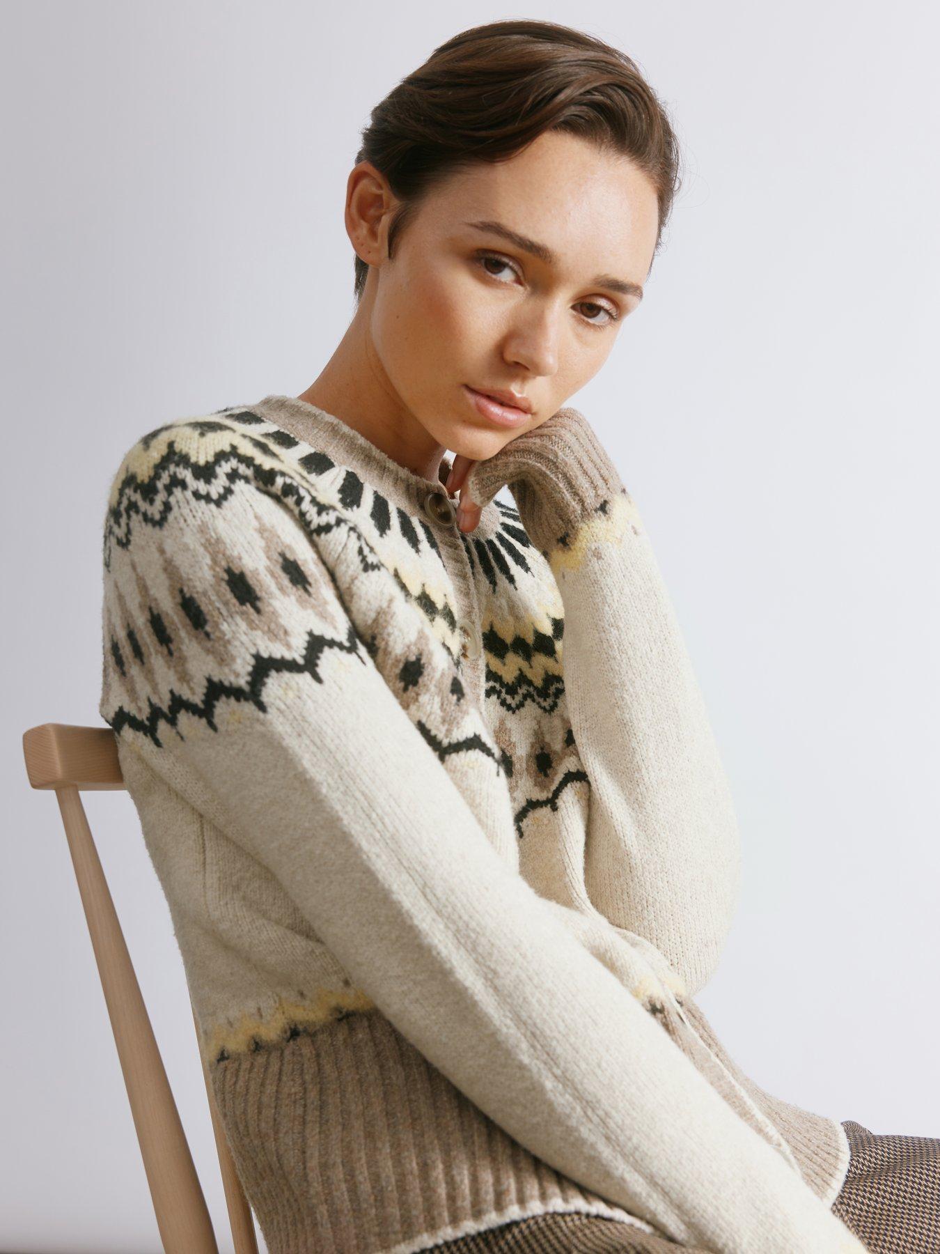 Image 3 of 5 of Albaray Fairisle Yoke Cardigan - Brown
