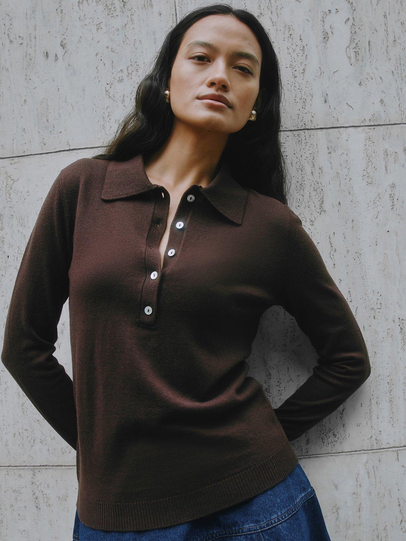 albaray-fine-knit-polo-top-brown