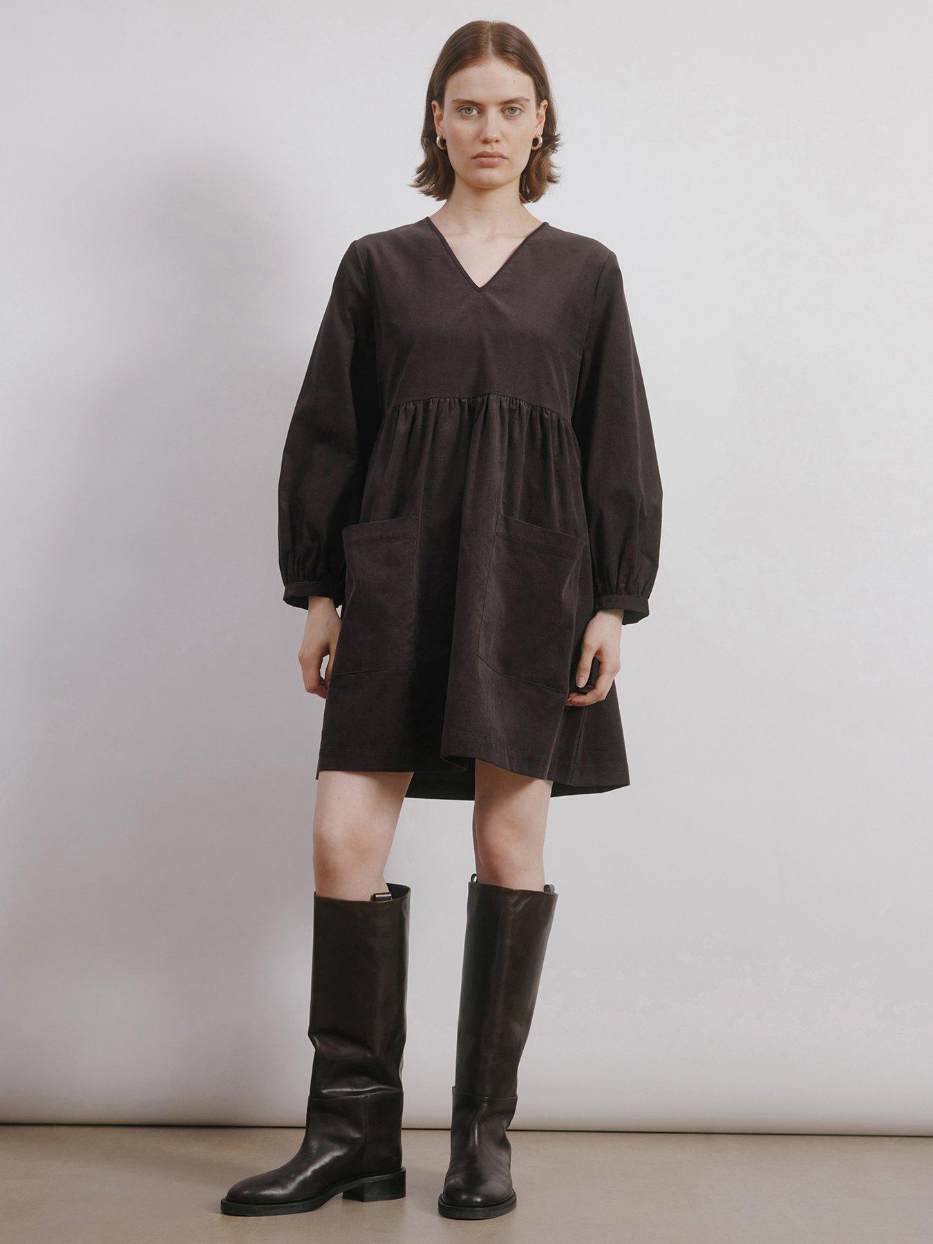albaray-short-cord-pocket-dress-brownfront