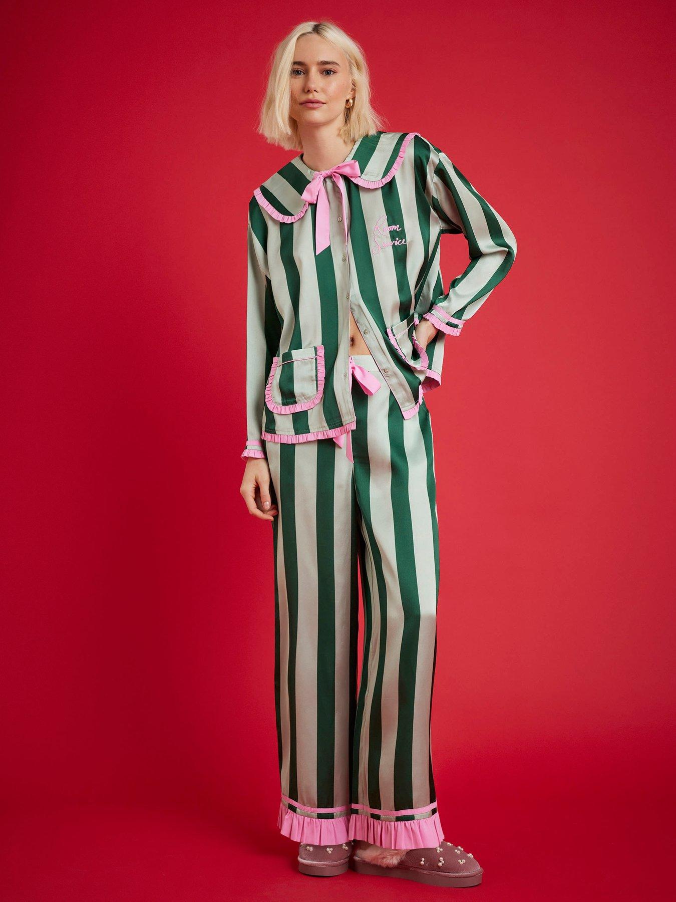 River Island Nephthys Long Sleeve Satin Striped Pyjama Set - Green