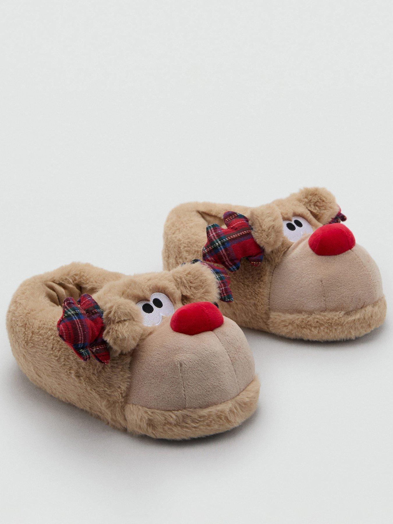 Mango Girls Reindeer Novelty Christmas Slippers - Brown