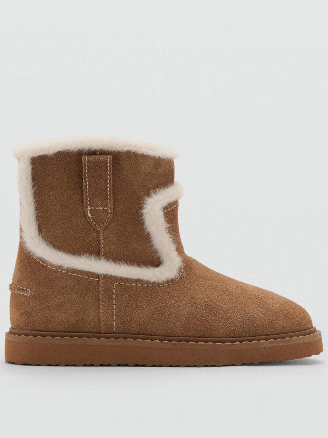 Mango Girls Faux Fur Trim Suede Boots - Brown