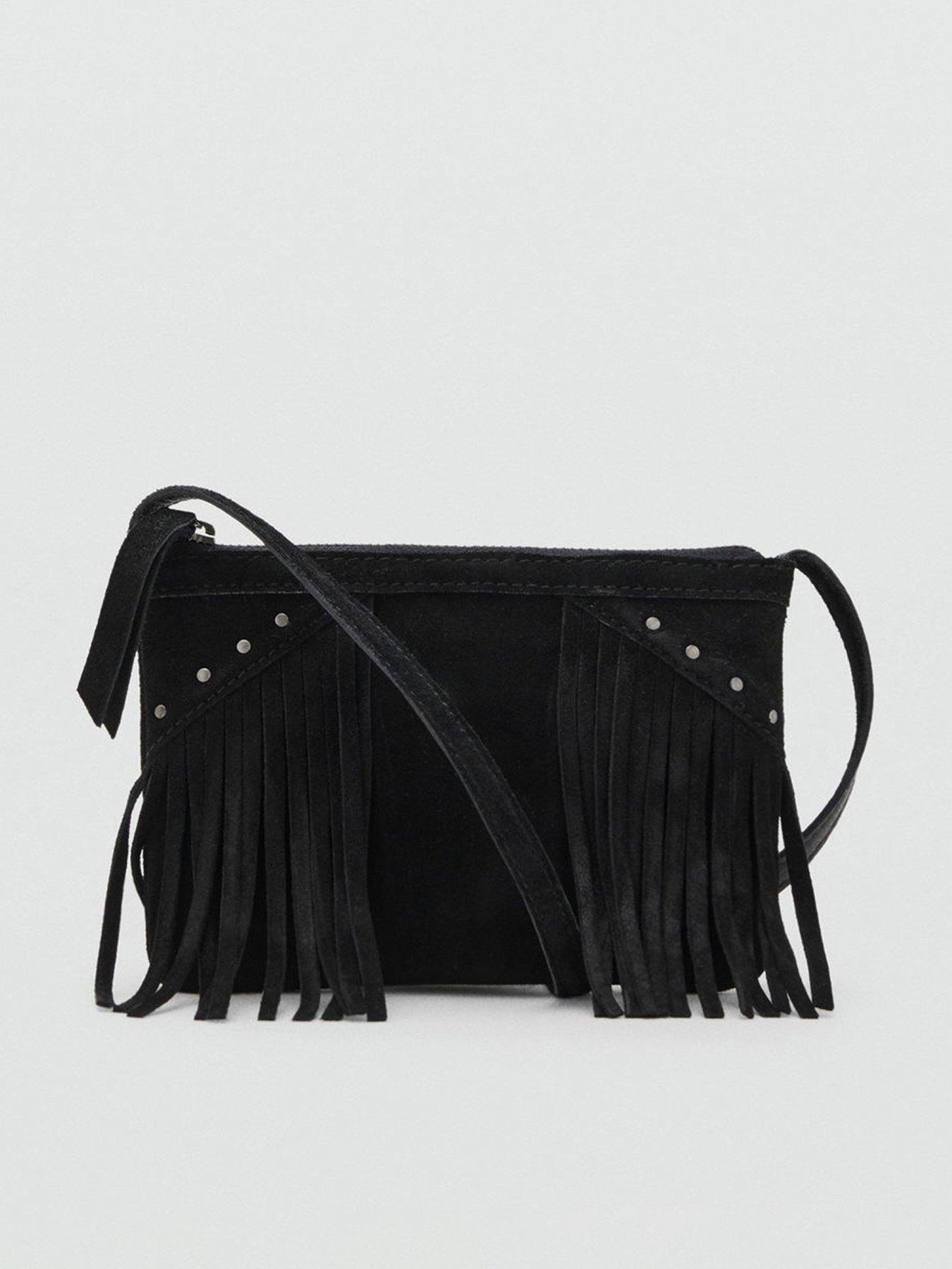 Mango Girls Fringing Leather Cross Body Bag - Black