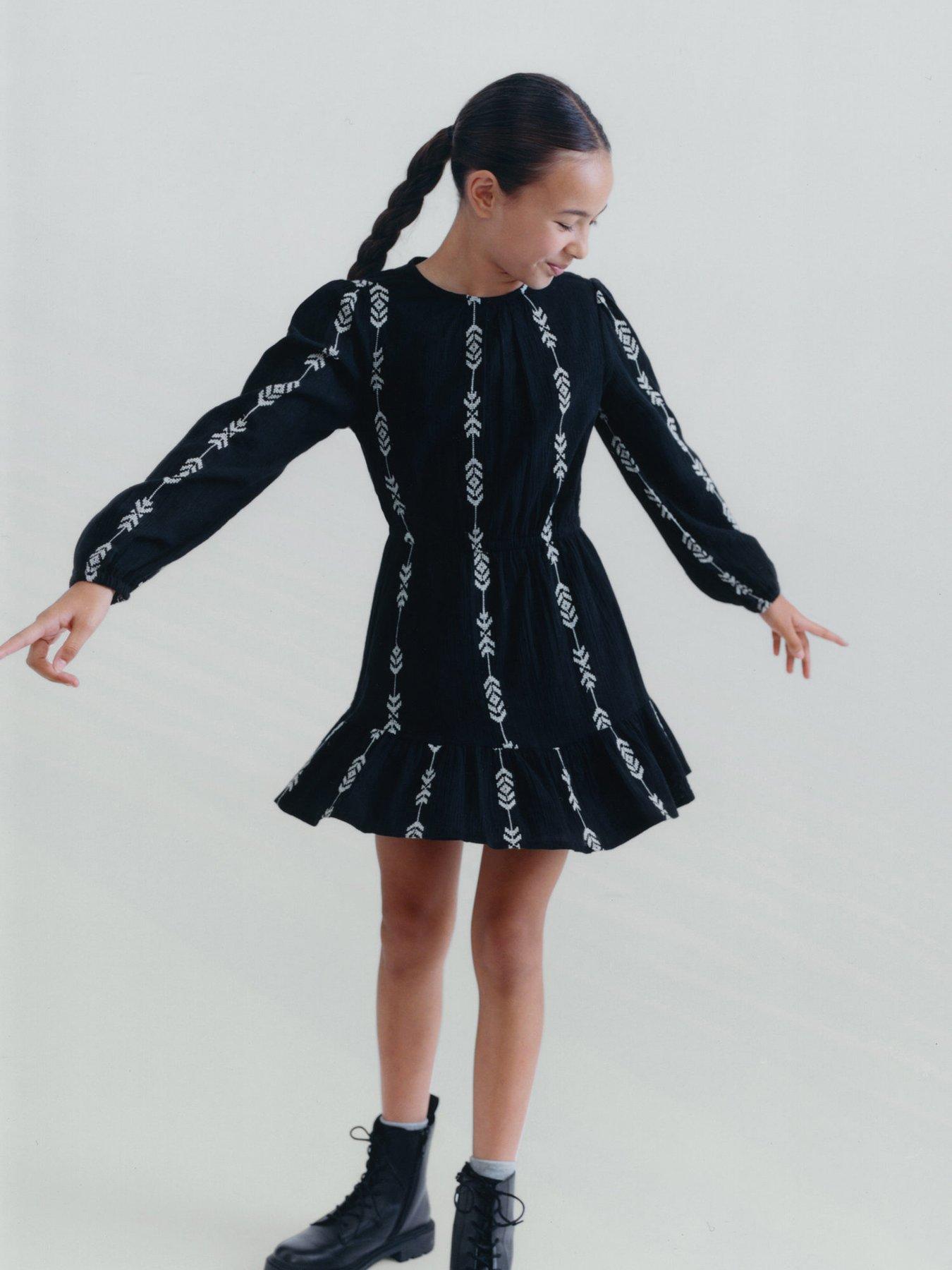 Mango Girls Embroidered Long Sleeve Dress - Black