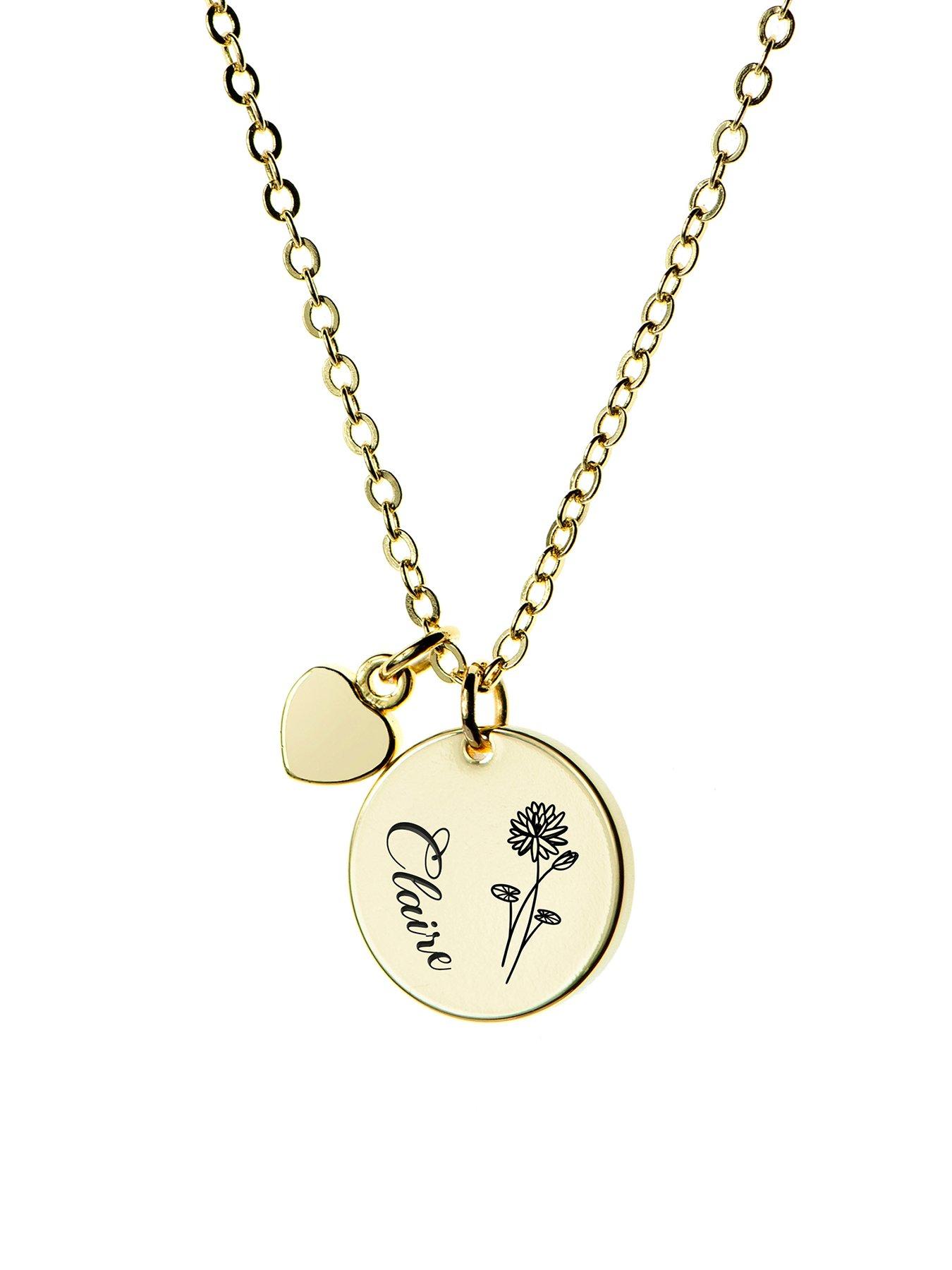 Treat Republic Personalised Birth Flower Heart and Disc Necklace in Gold