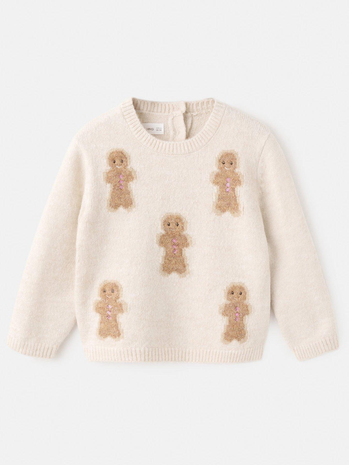 Image 1 of 4 of Mango Younger Girls Gingerbread Man Knitted Jumper - Beige