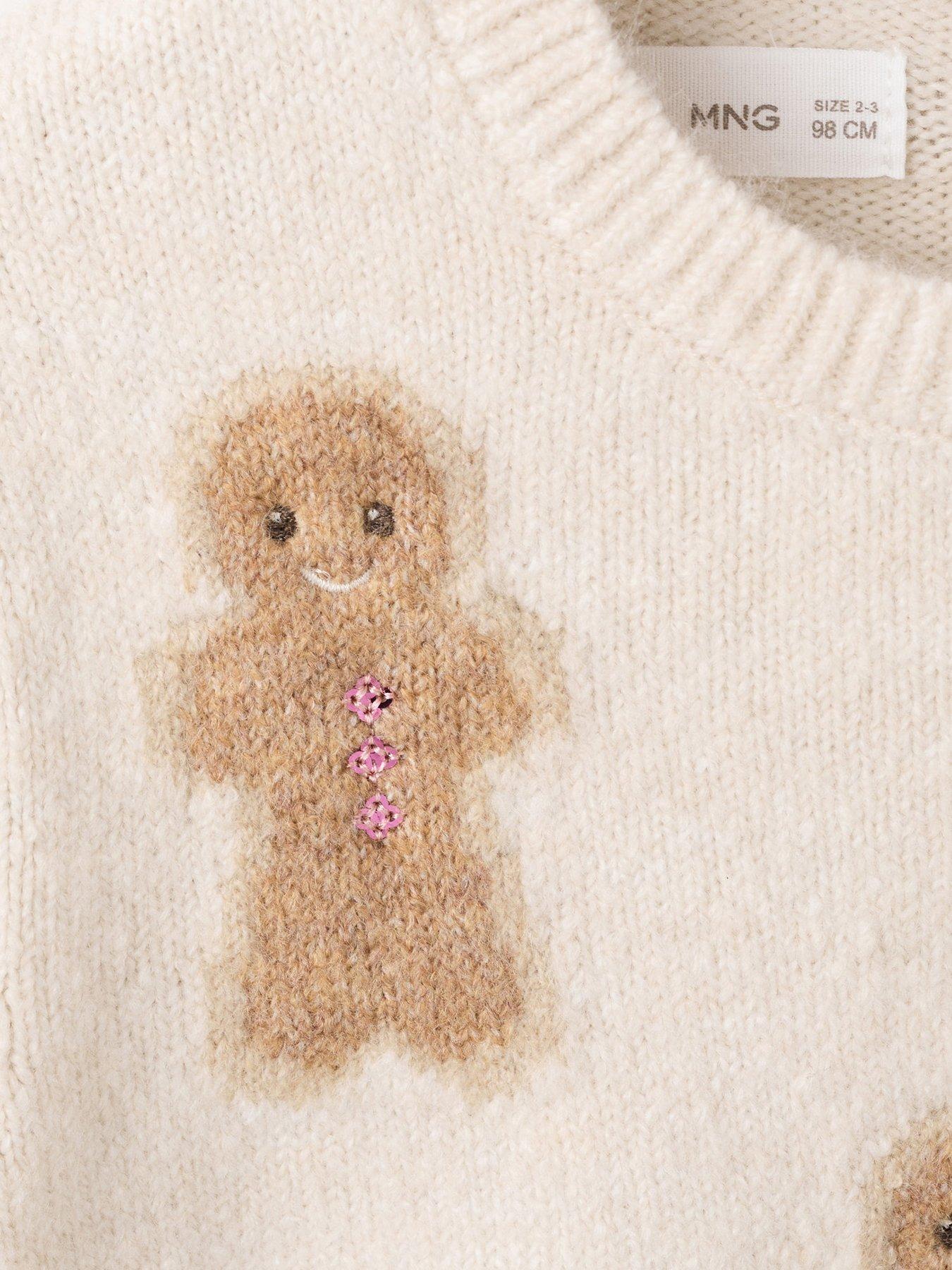 Image 4 of 4 of Mango Younger Girls Gingerbread Man Knitted Jumper - Beige