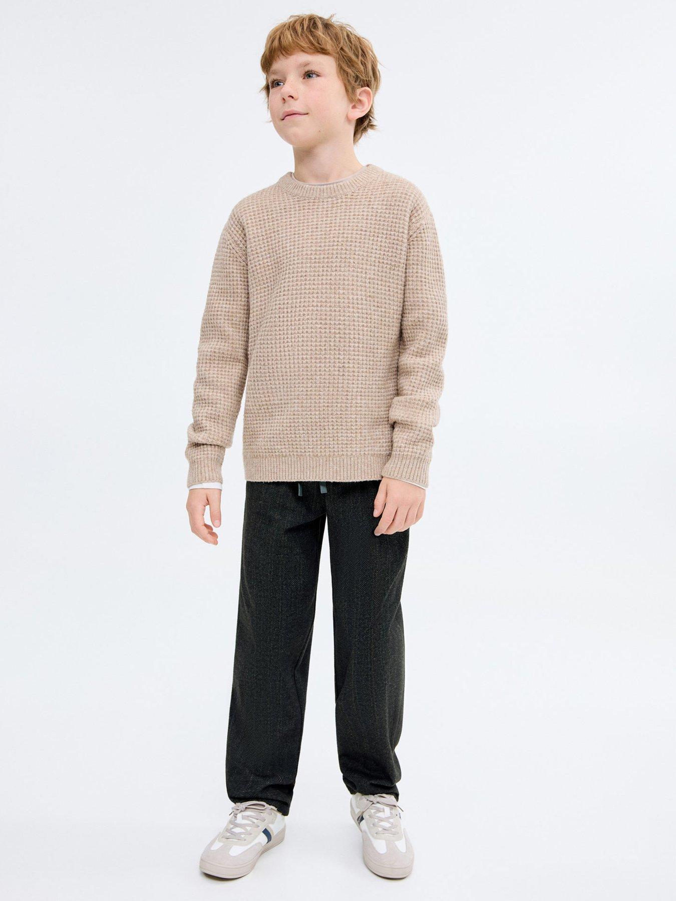 Mango Boys Herringbone Straight Leg Trousers - Dark Grey