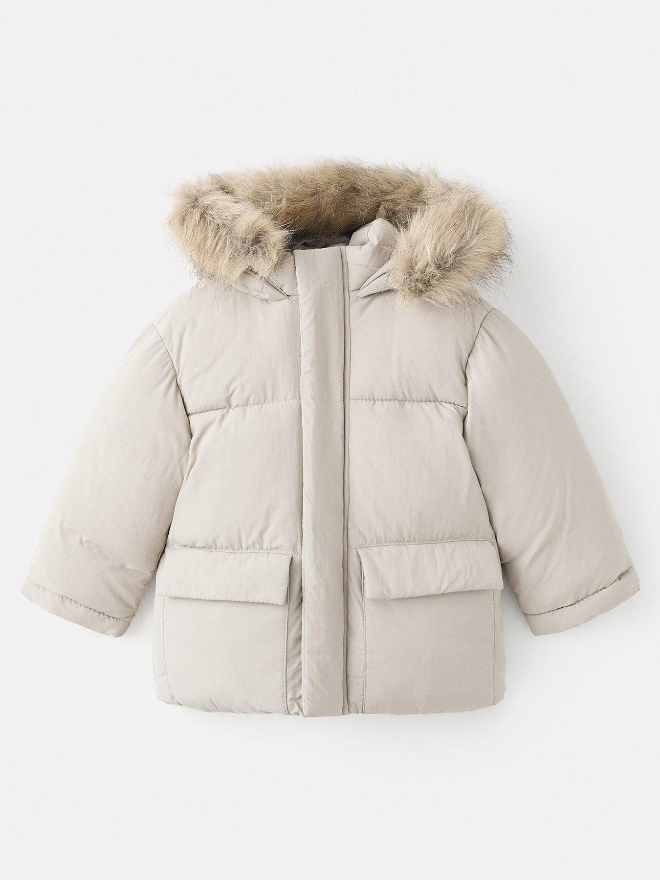 Mango Younger Boys Faux Fur Trim Padded Coat - Beige