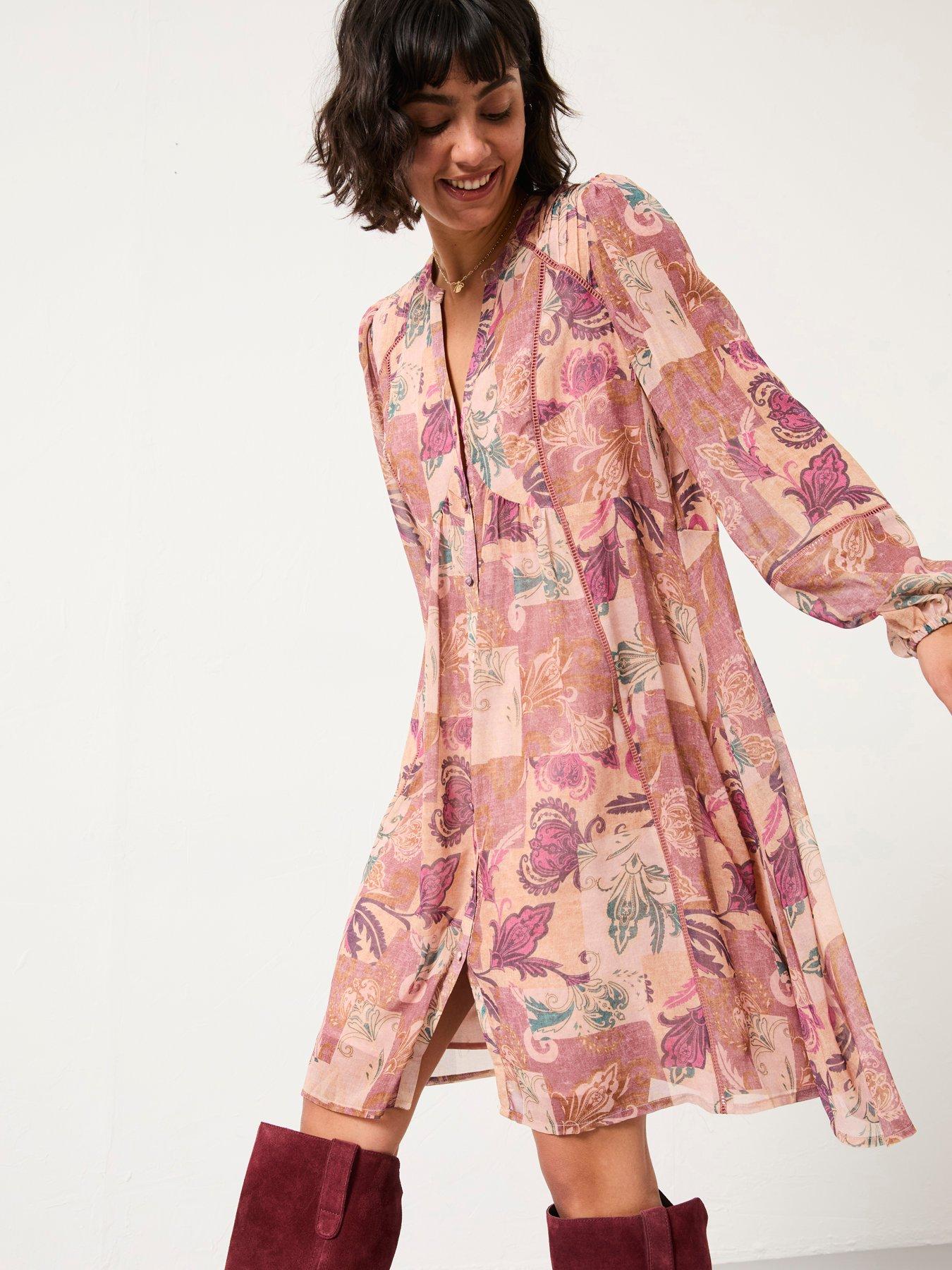 Image 1 of 6 of FatFace Steph Chintz Smock Dress - Rose Pink