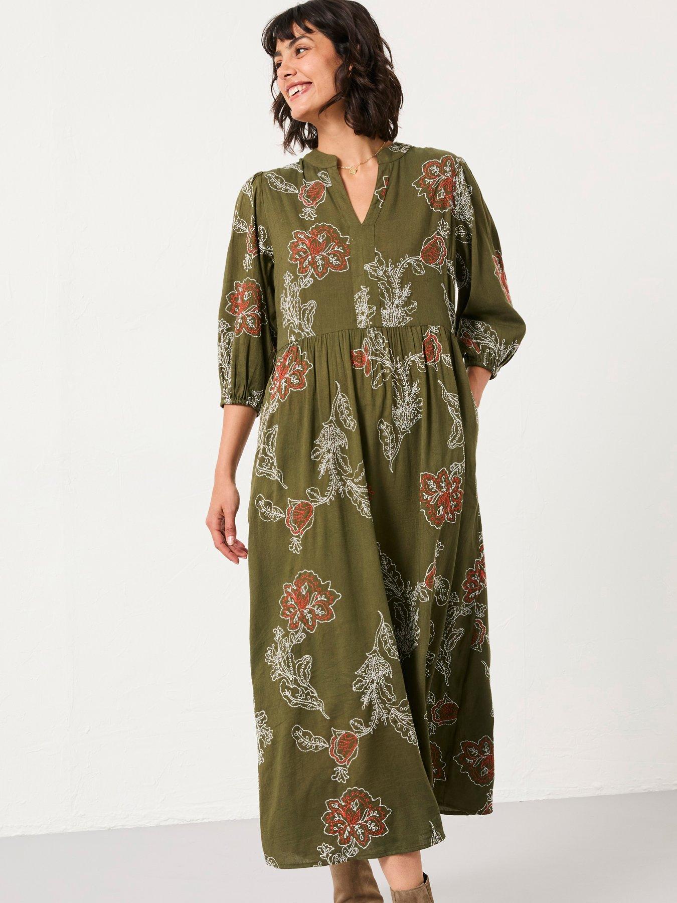 FatFace Vivenne Embroidered Midi Dress - Olive Green