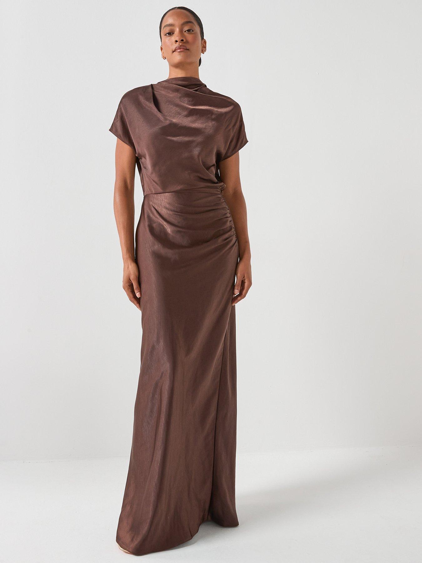 Six Stories Batwing high neck satin bridesmaid dress - Brown