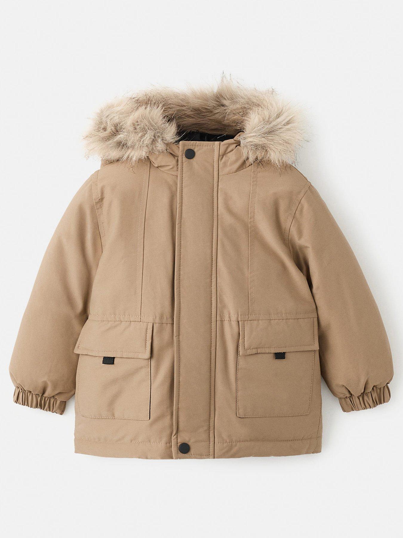 Mango Younger Boys Faux Fur Trim Coat - Brown