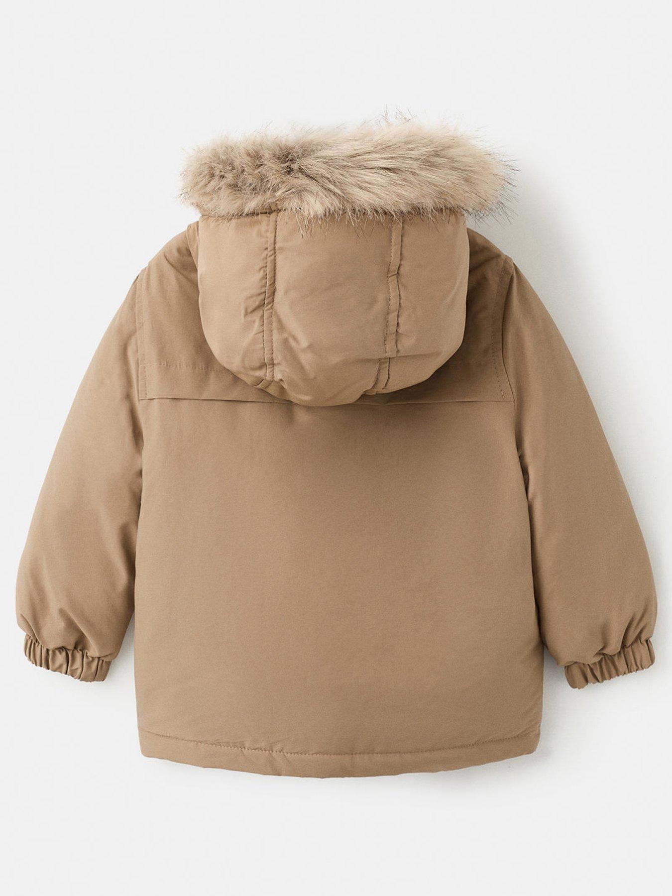 Image 2 of 4 of Mango Younger Boys Faux Fur Trim Coat - Brown