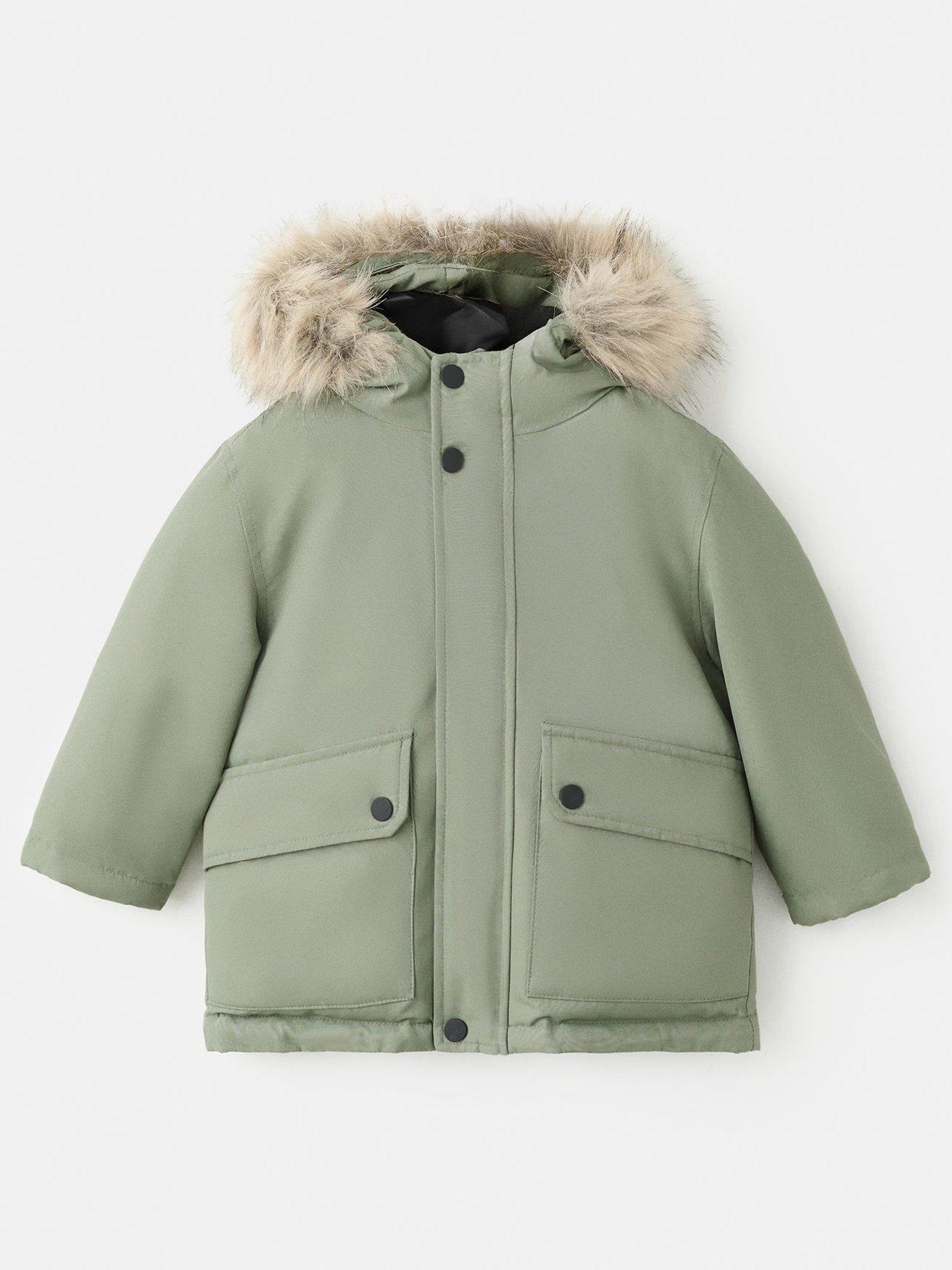 Image 1 of 4 of Mango Younger Boys Faux Fur Trim Coat - Green