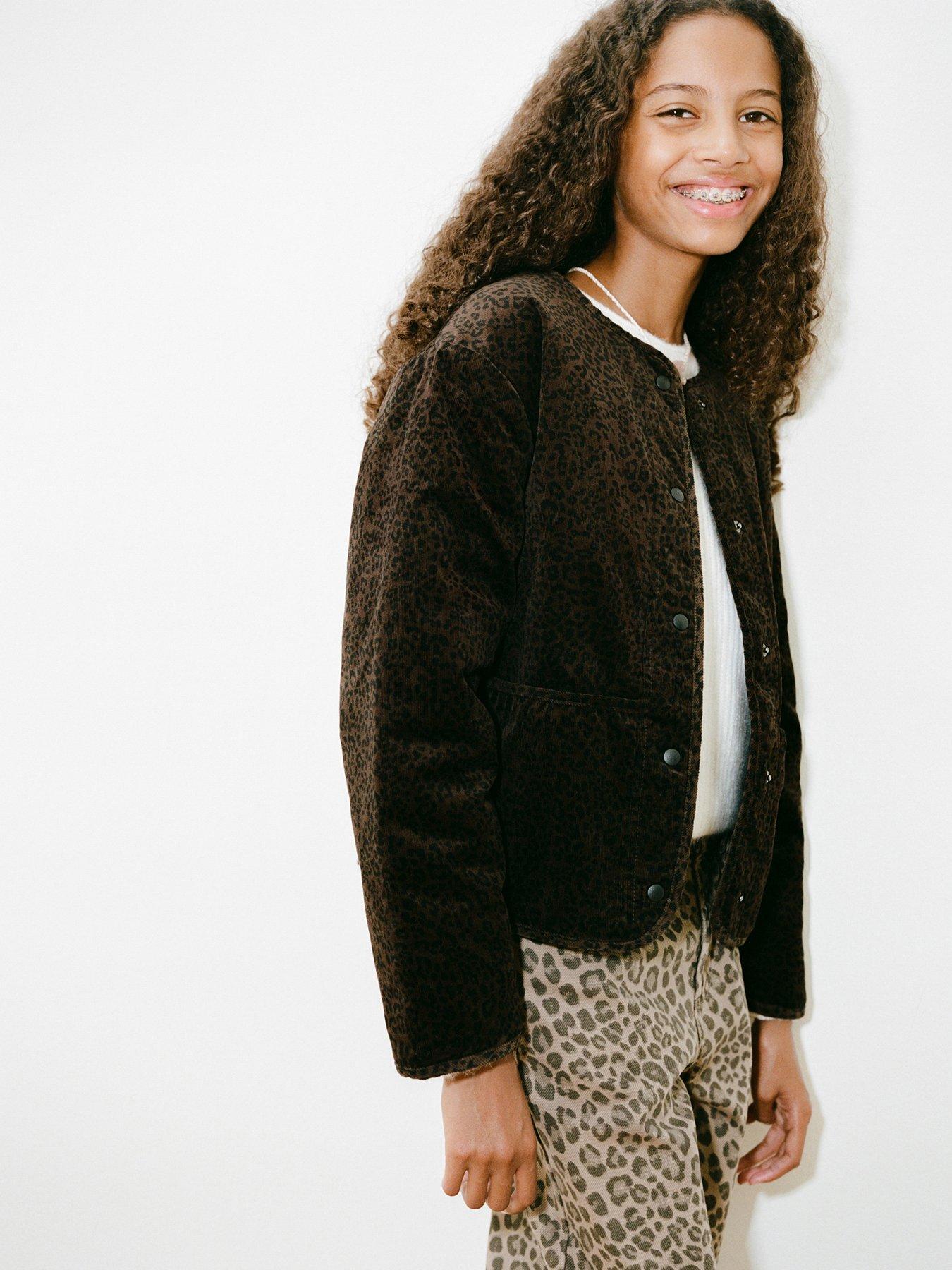Image 1 of 7 of Mango Girls Leopard Printed Cord Jacket - Brown