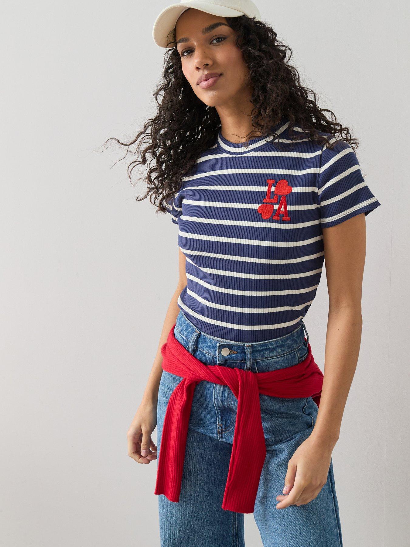 The Very Collection Stripe Ribbed Graphic T-Shirt - Blue