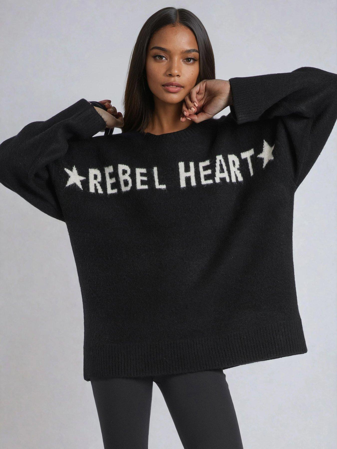 Religion Oversized Rebel Heart Slogan Soft Yarn Jumper - Black