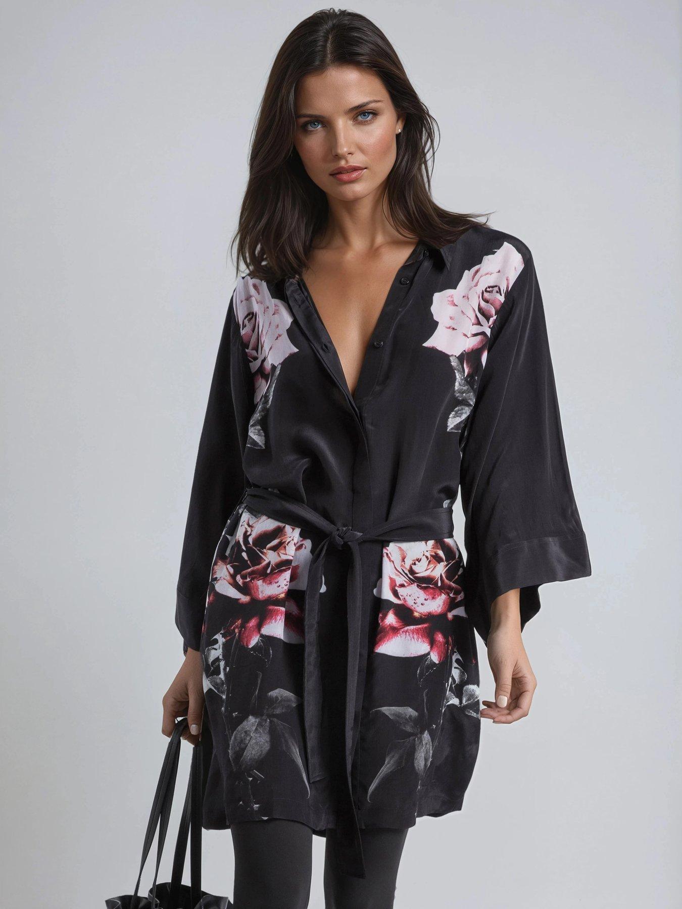 Religion Kimono Sleeve Rose Heart Floral Back Placement Tie Tunic Dress - Black