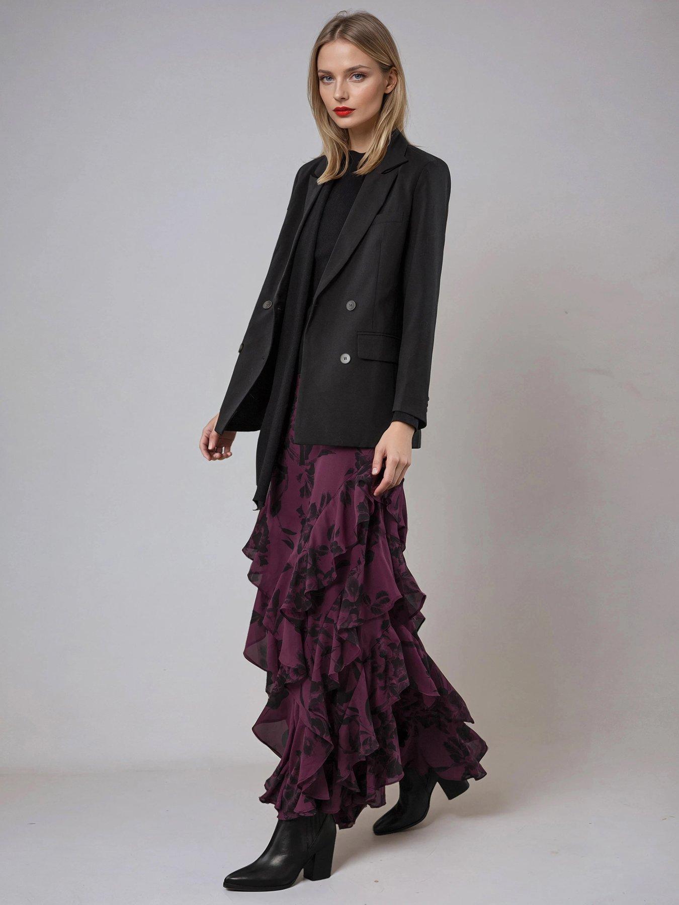 Image 1 of 5 of Religion Scarlet Ruffle Layered Georgette Maxi Skirt - Red
