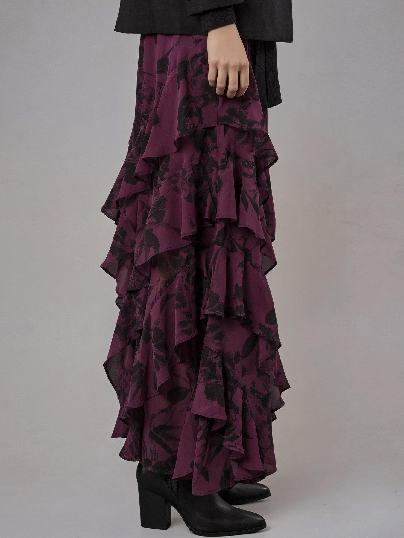 Image 3 of 5 of Religion Scarlet Ruffle Layered Georgette Maxi Skirt - Red