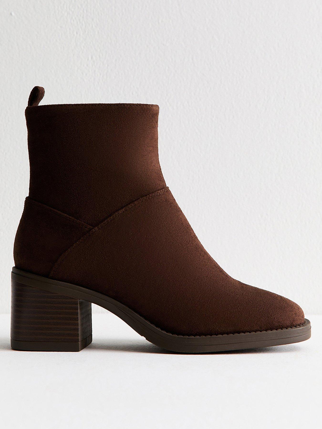 Image 1 of 6 of New Look Brown Faux Suede Heeled Ankle Boots