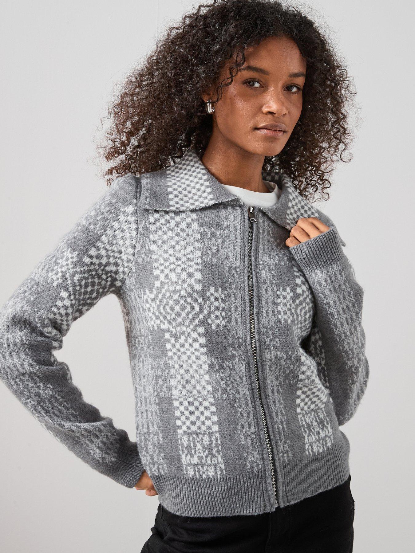 the-very-collection-zip-through-checked-knitted-jacket-grey