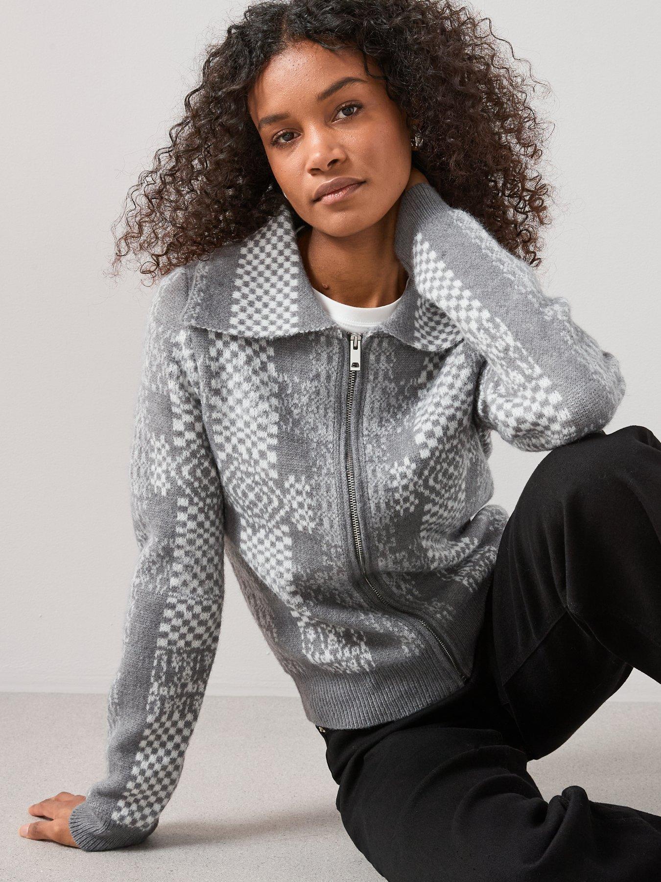 the-very-collection-zip-through-checked-knitted-jacket-greydetail