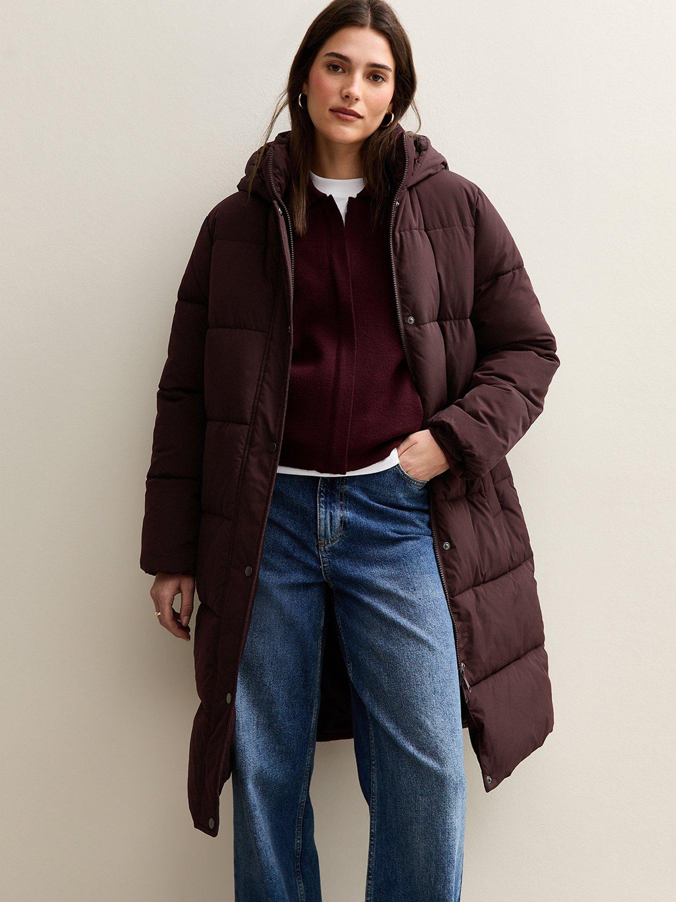 Image 1 of 4 of New Look Tiered Longline Puffer Jacket - Burgundy