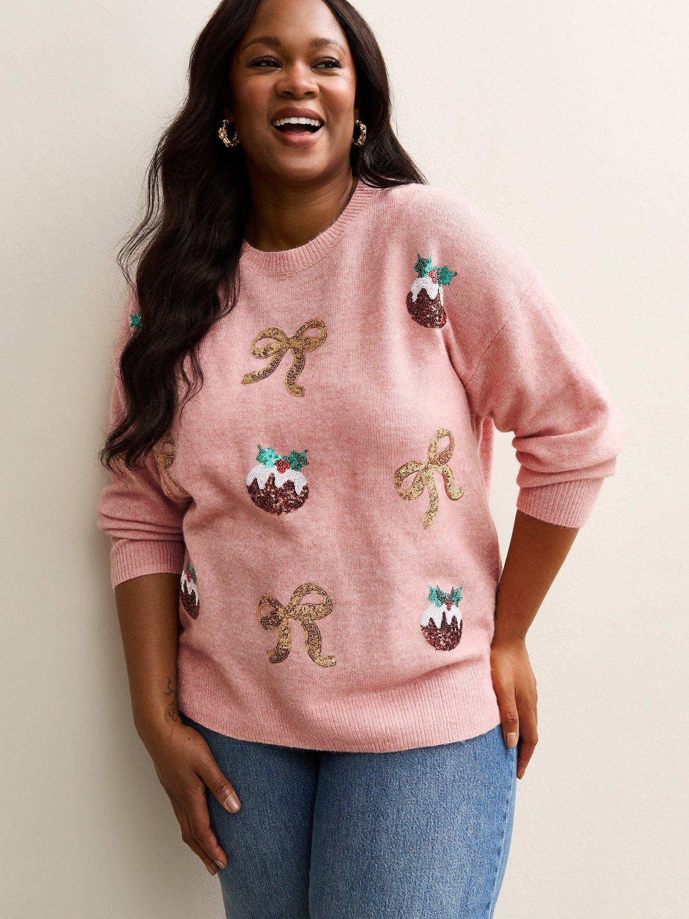 New Look Curves Christmas Pudding Embellished Jumper - Pink