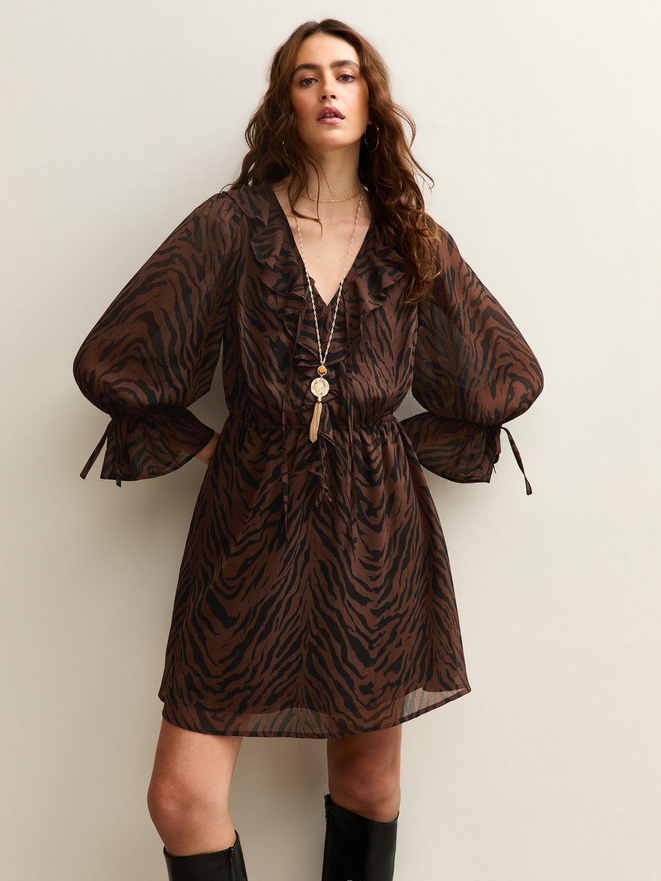 new-look-brown-animal-print-chiffon-mini-dress