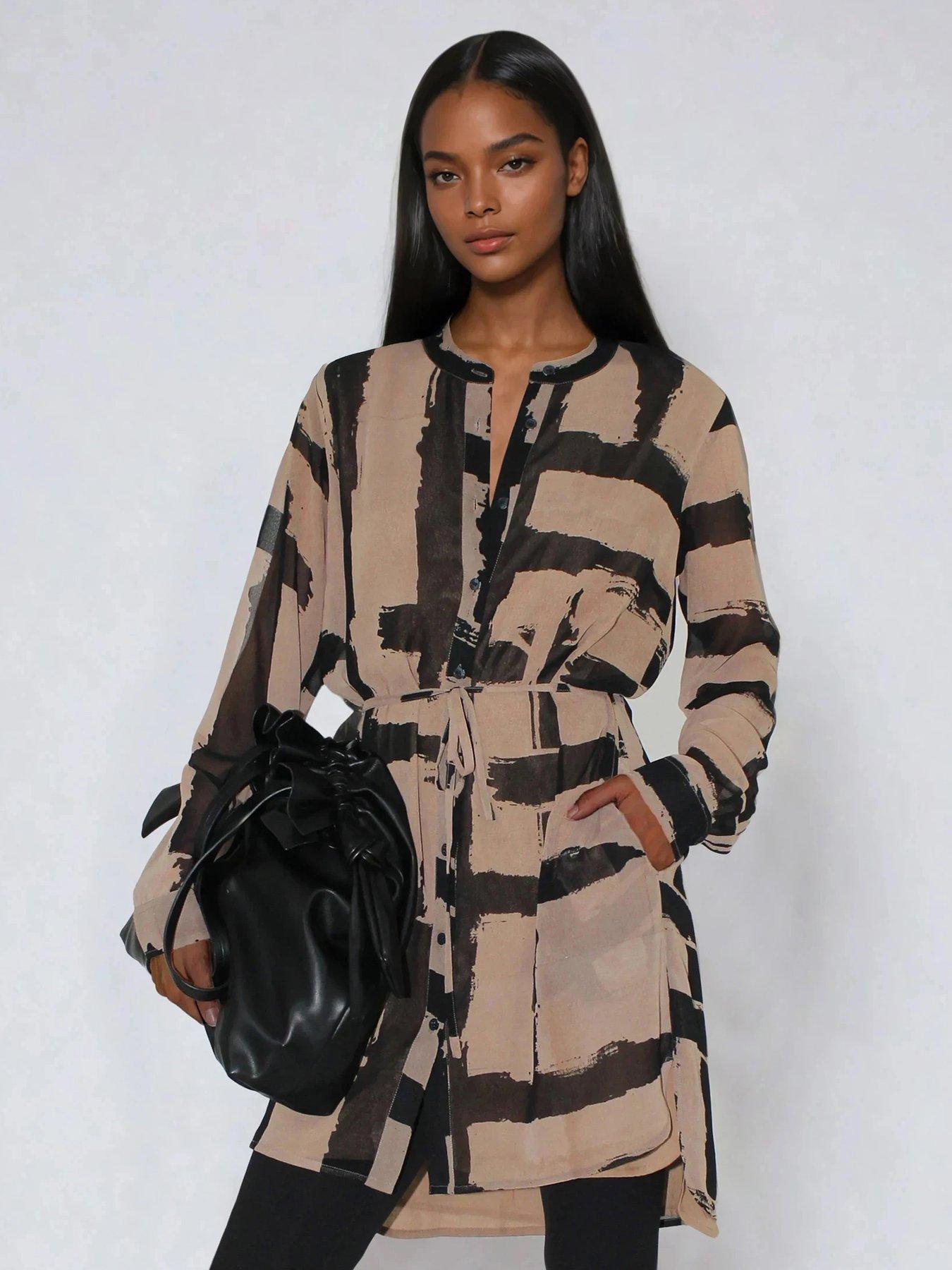 religion-zoe-abstract-stripe-long-line-tunic-dress-brown