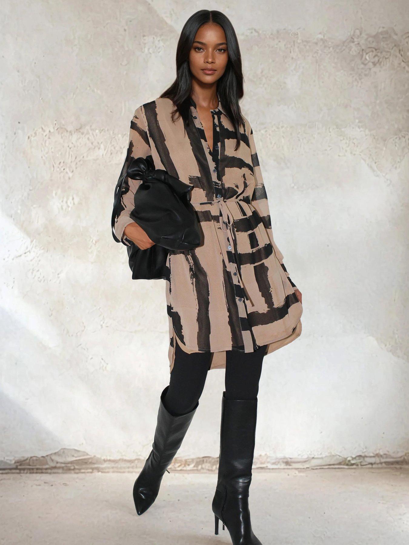 religion-zoe-abstract-stripe-long-line-tunic-dress-brownoutfit