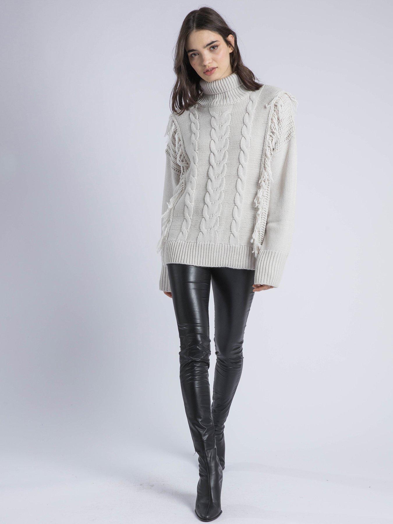 Religion Oversized Jamie Roll Neck Cable Knit Fringed Jumper - Cream