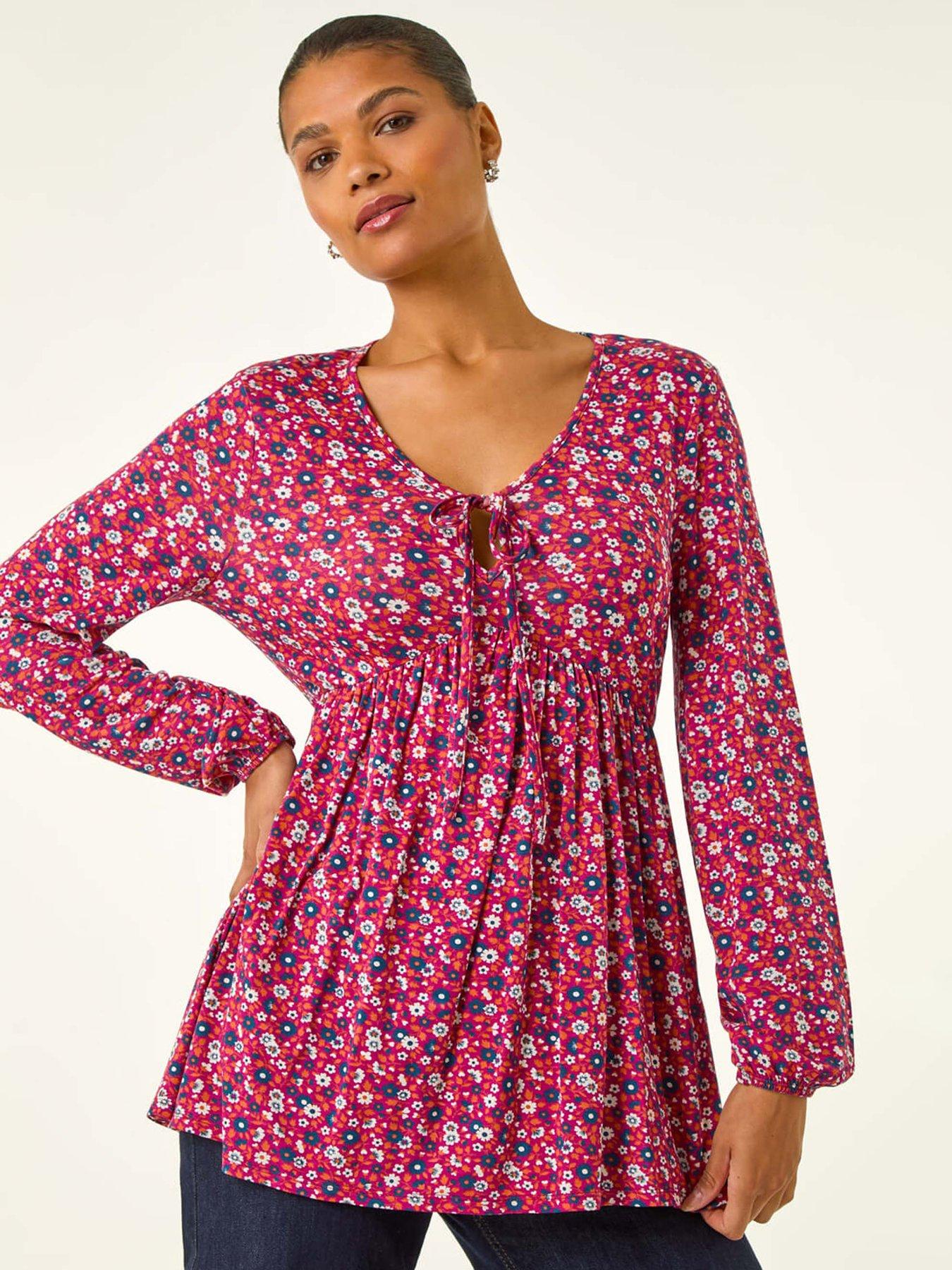 Roman Floral Tie Front Stretch Top - Pink