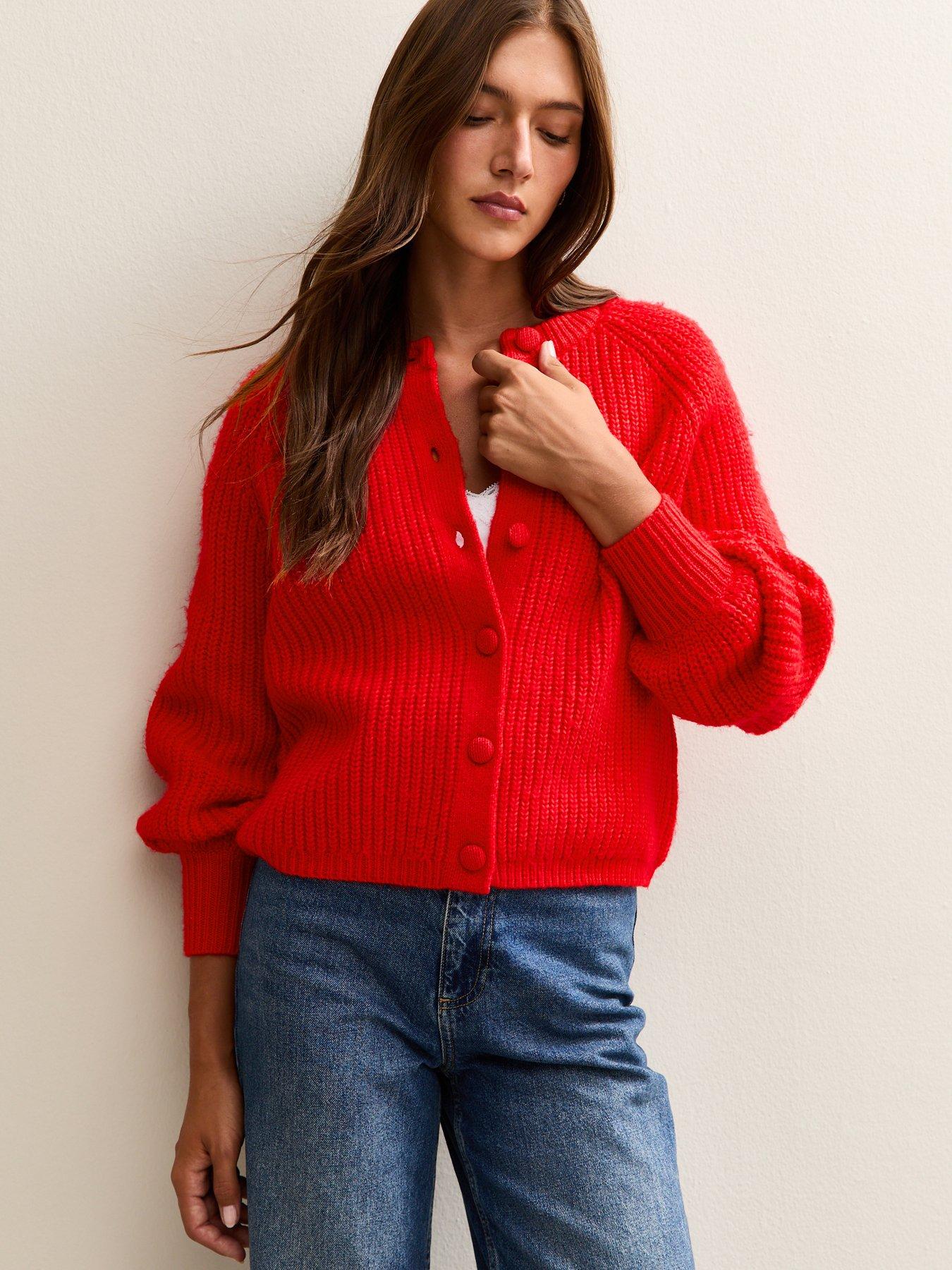 New Look Bright Red Ribbed Knit Raglan Sleeve Cardigan