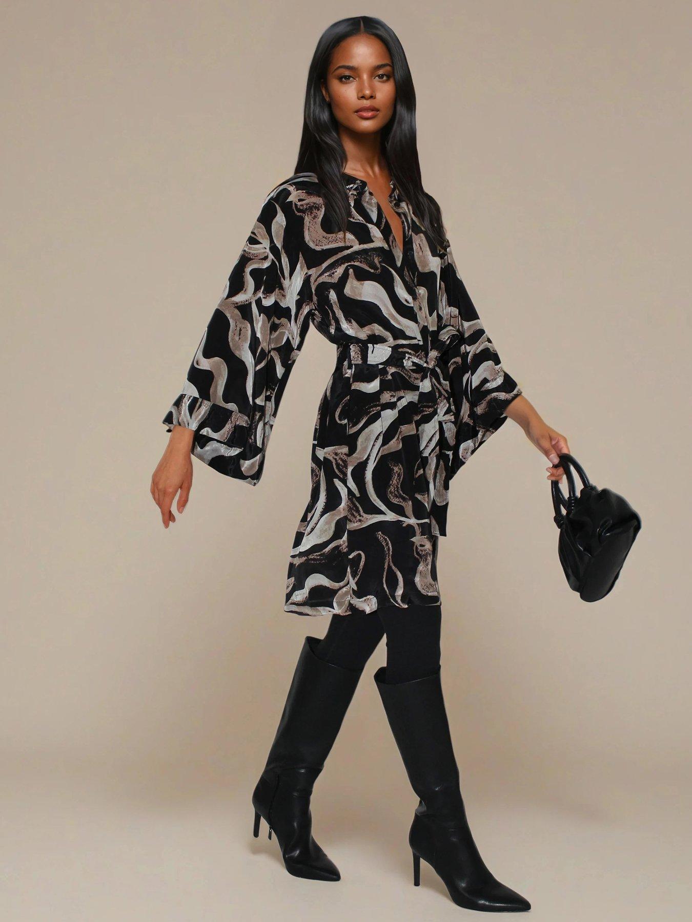Image 1 of 6 of Religion Glory Kimono Tunic Belted Abstract Shirt Dress - Black