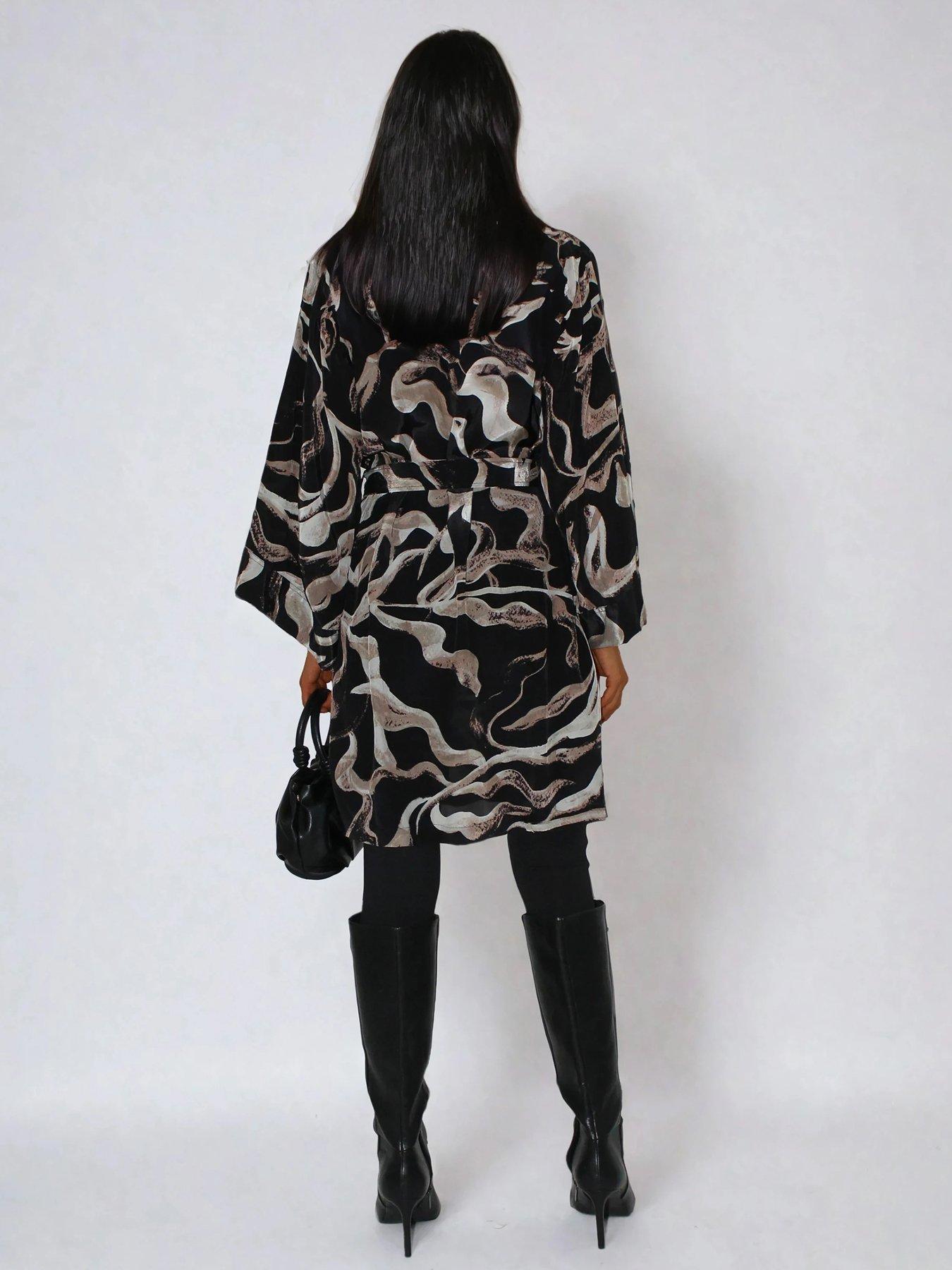 Image 2 of 6 of Religion Glory Kimono Tunic Belted Abstract Shirt Dress - Black