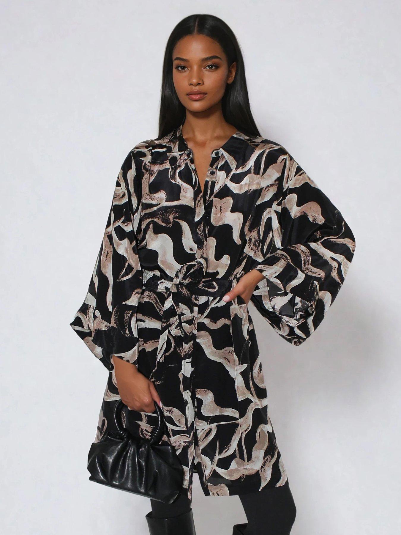 Image 4 of 6 of Religion Glory Kimono Tunic Belted Abstract Shirt Dress - Black