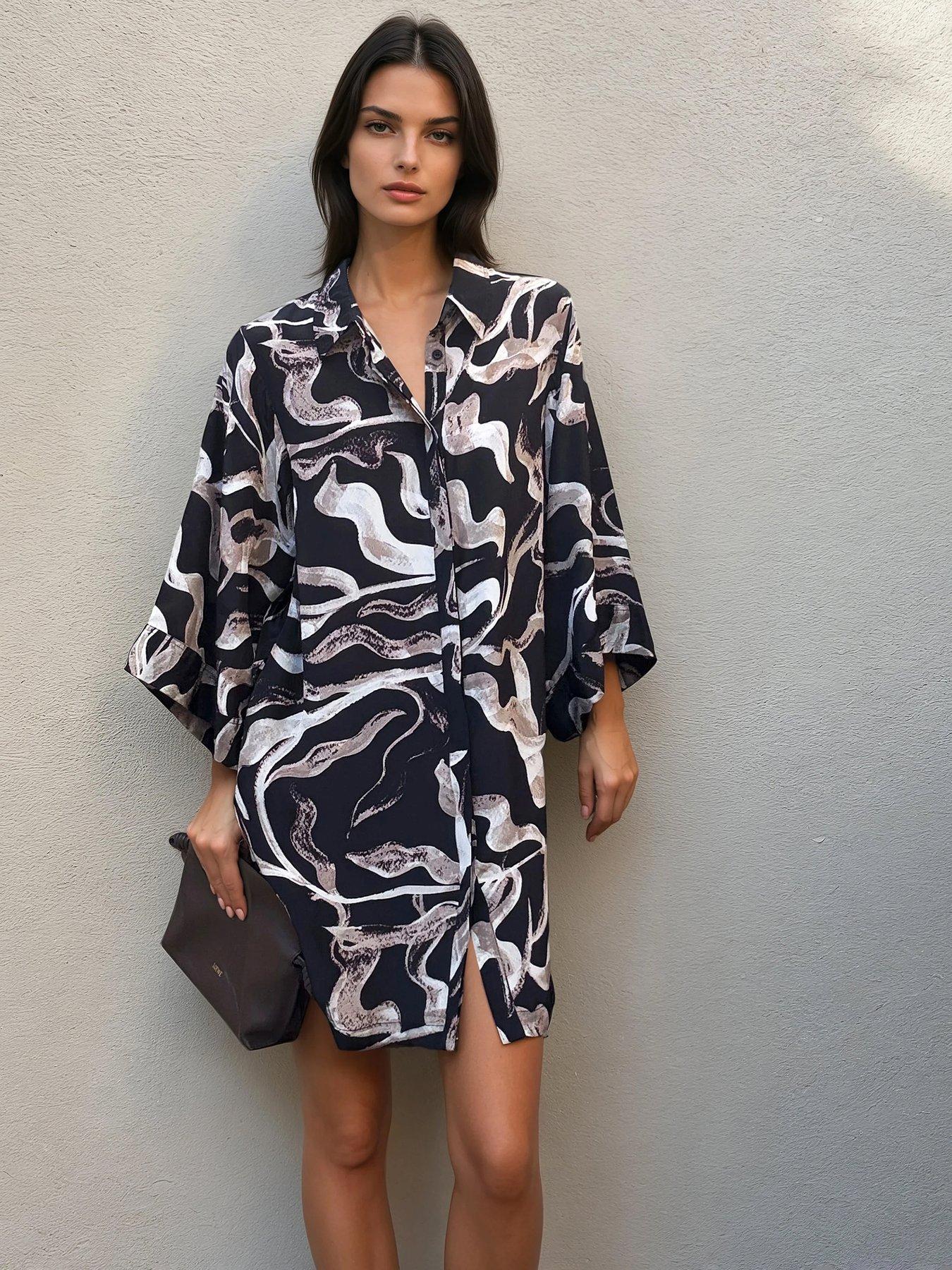 Image 5 of 6 of Religion Glory Kimono Tunic Belted Abstract Shirt Dress - Black