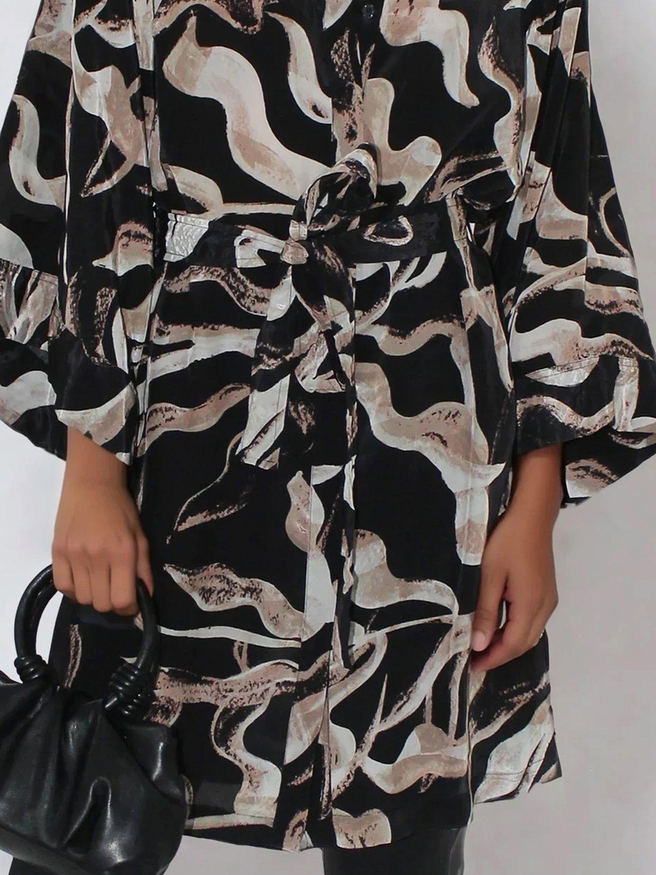 Image 6 of 6 of Religion Glory Kimono Tunic Belted Abstract Shirt Dress - Black