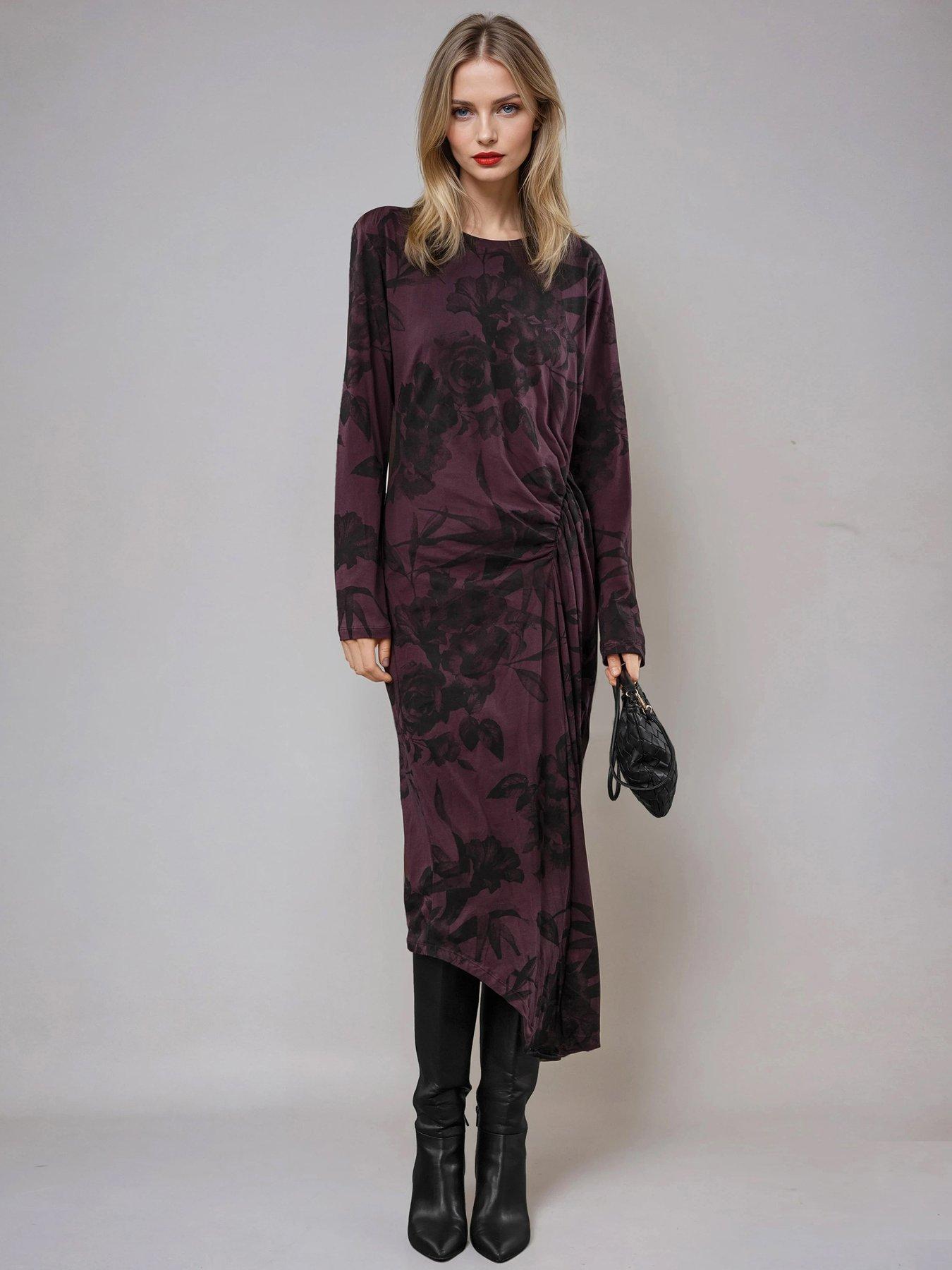 Religion Long Sleeved Drape Floral Jersey Dress - Purple