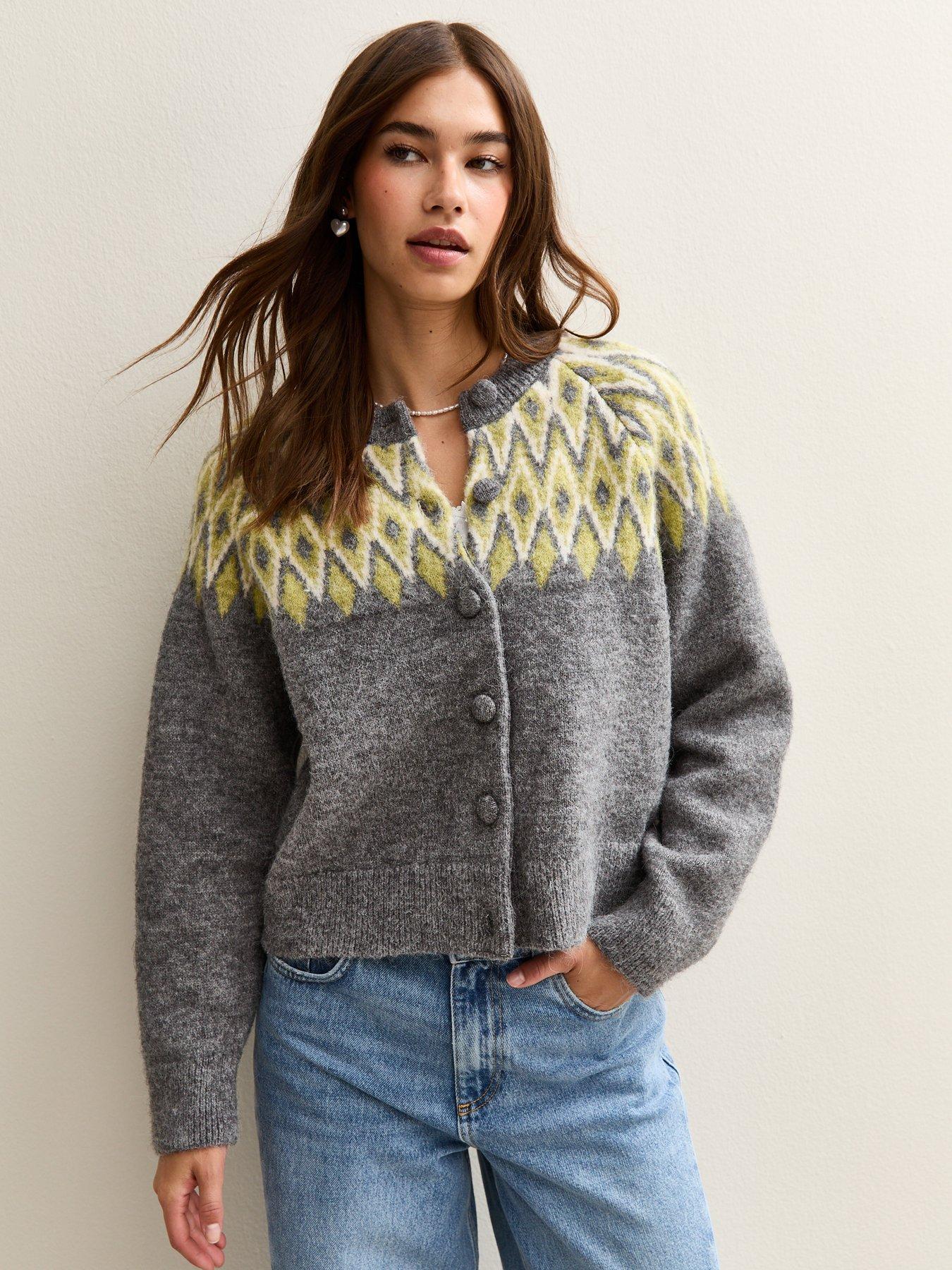 New Look Grey Fairisle Crew Neck Cardigan