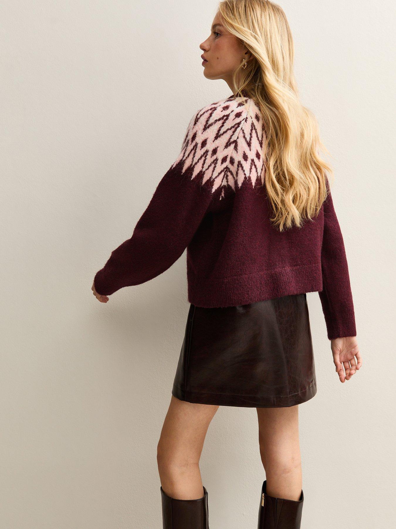 Image 2 of 6 of New Look Fairisle Crew Neck Cardigan - Red